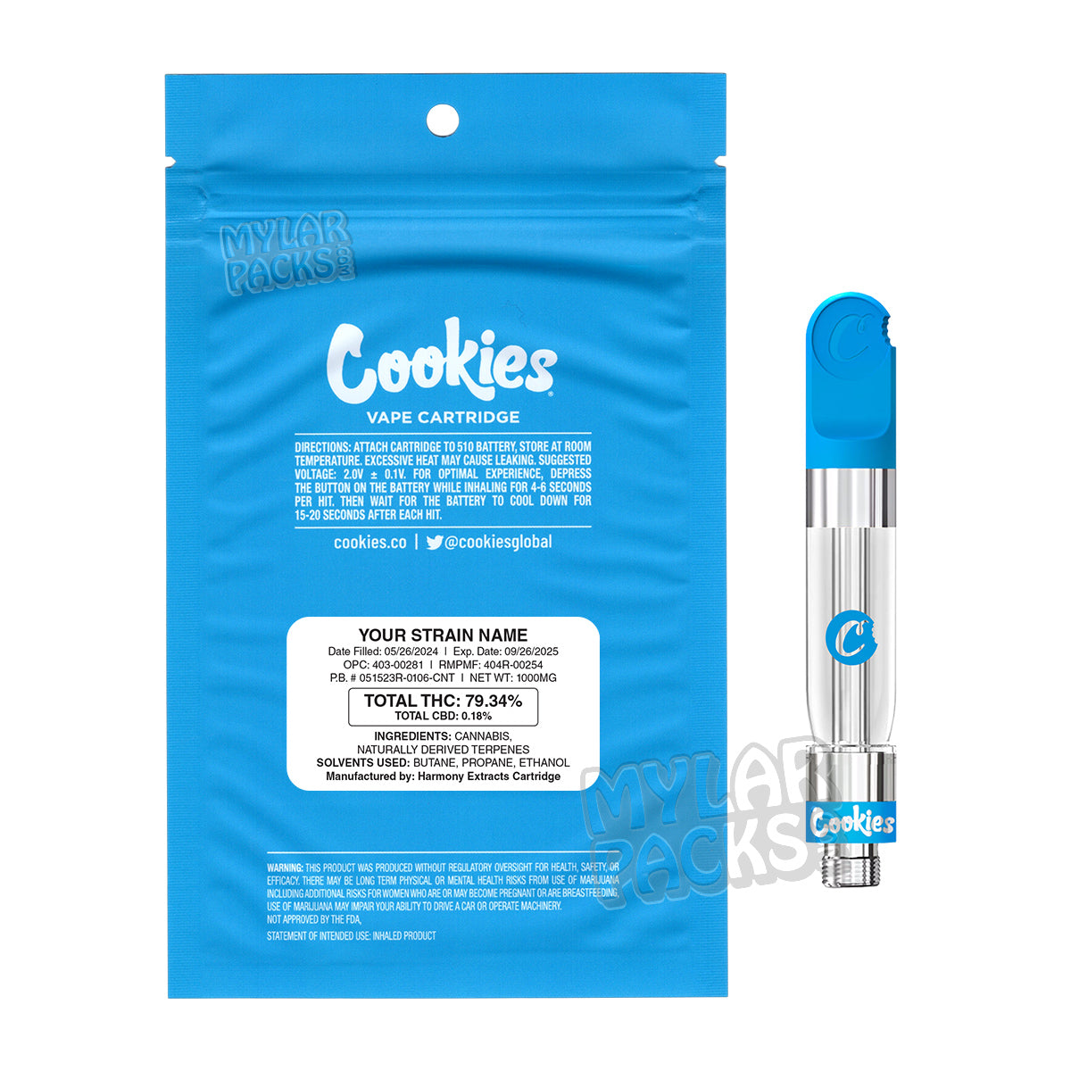 Cartucho de vapeo vacío Cookies de 1 ml con bolsa de Mylar y pegatinas personalizadas.