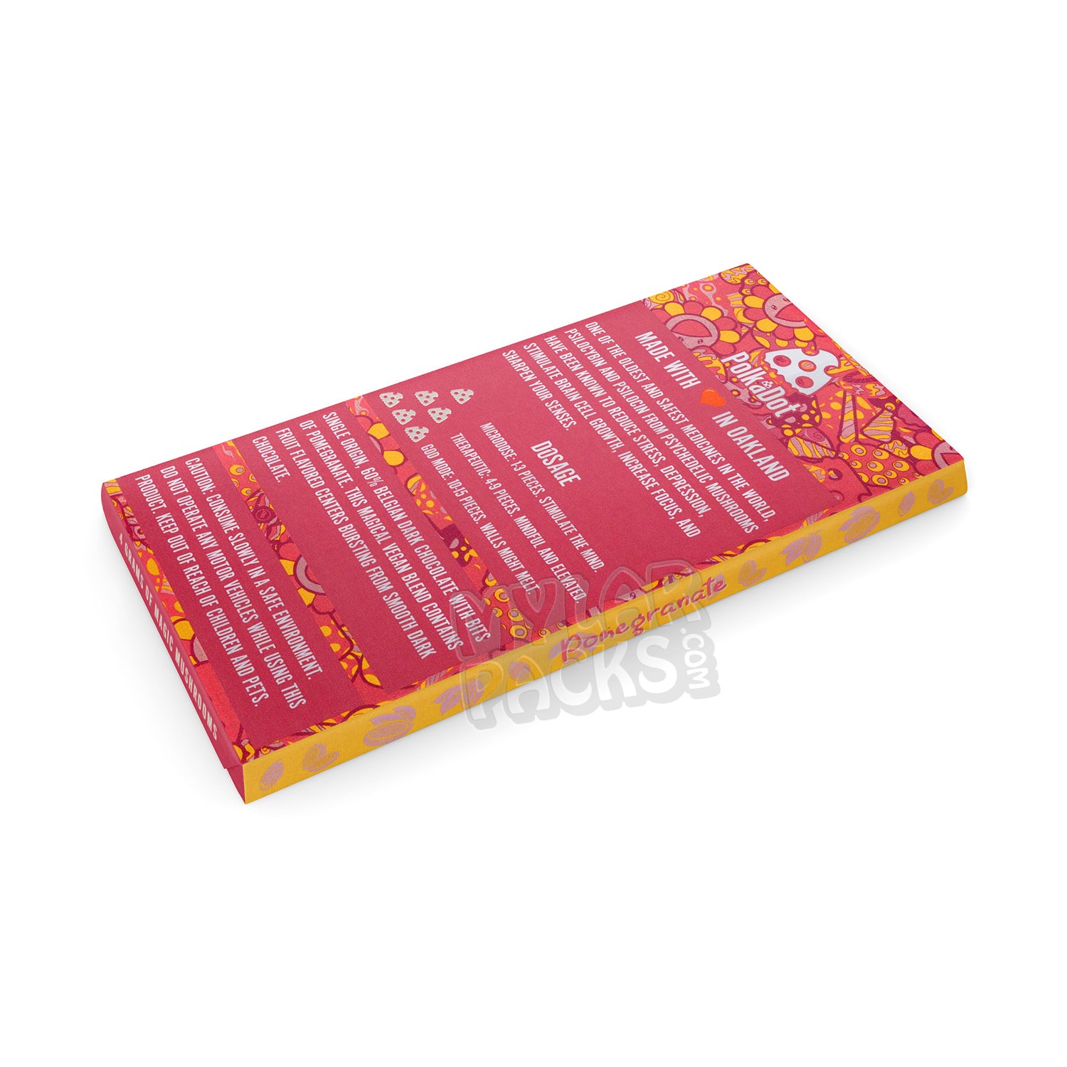 Barra de chocolate con hongos mágicos de granada y lunares, envase vacío de psilocibina.