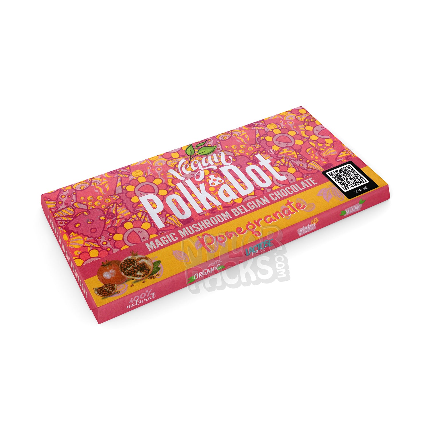 Barra de chocolate con hongos mágicos de granada y lunares, envase vacío de psilocibina.