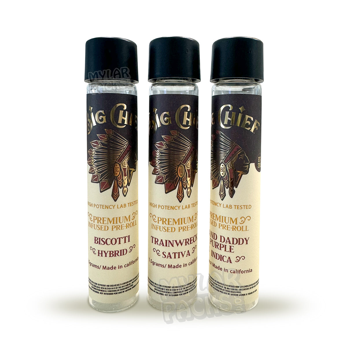 Envase individual pre-roll vacío Big Chief de 1,5 g con infusión, con pegatinas de vidrio y aluminio