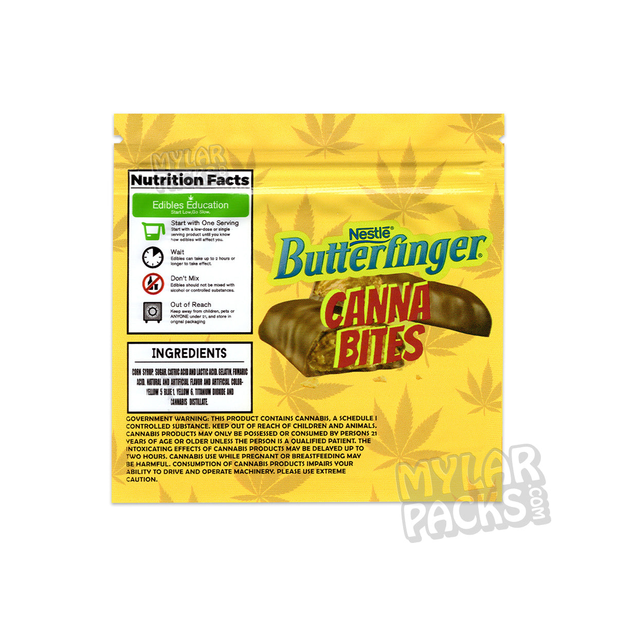 Caramelos vacíos Butterfinger Canna Bites Chocolate 500 mg, bolsas de Mylar, envases comestibles