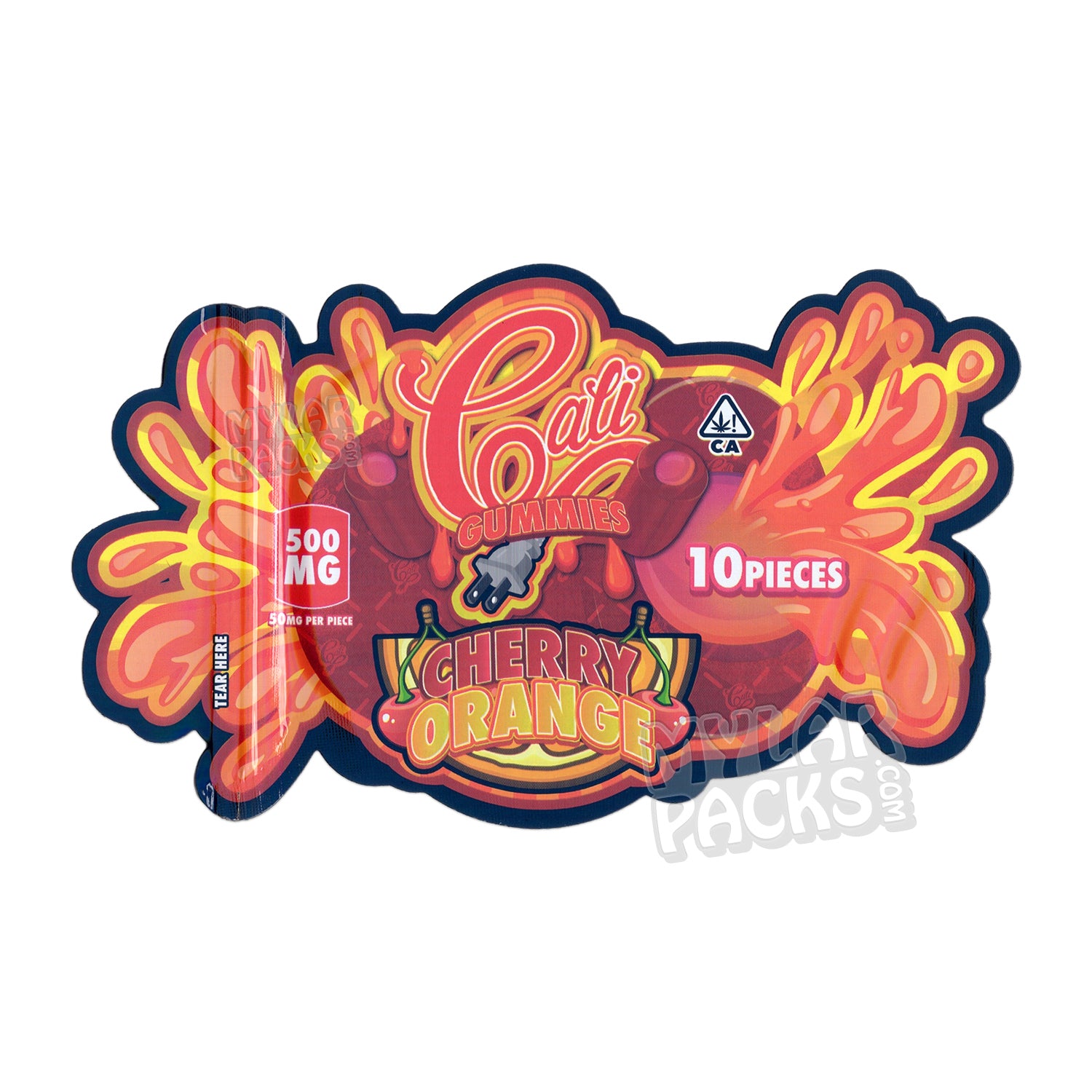 Gomitas Cali Plug sabor cereza y naranja (500 mg), bolsa de mylar vacía, comestibles, empaque para dulces