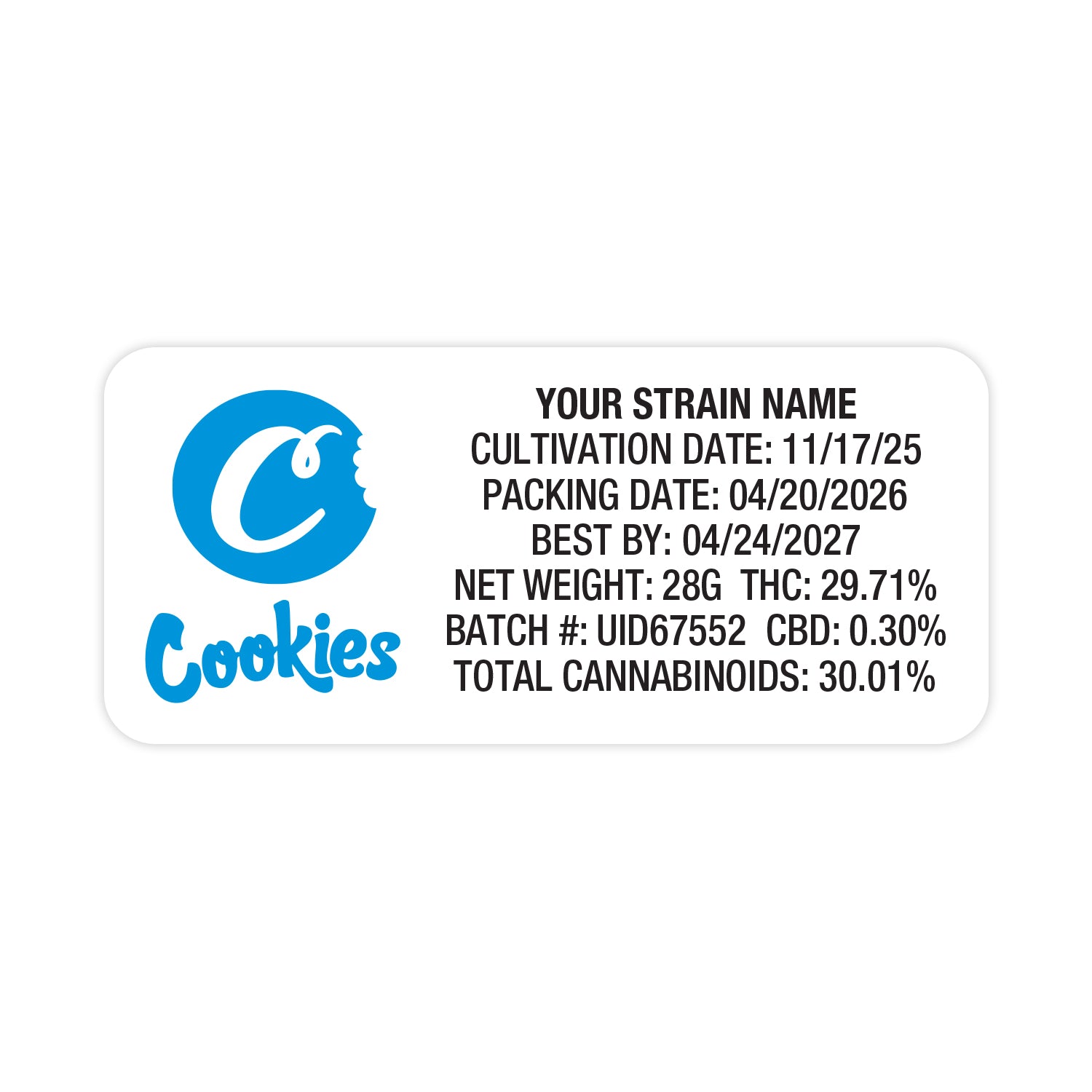 Customizable Strain Sticker - Cookies (.75" x 2") with Blue Logo