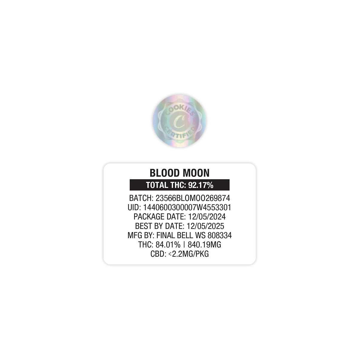 Blood Moon de Cookies - Cartucho de vapeo vacío de 1 g, bolsa de Mylar con pegatinas personalizadas