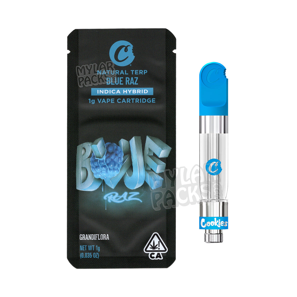 Blue Raz by Cookies 1g Empty Vape Cart Packaging Mylar Bag with Custom Stickers