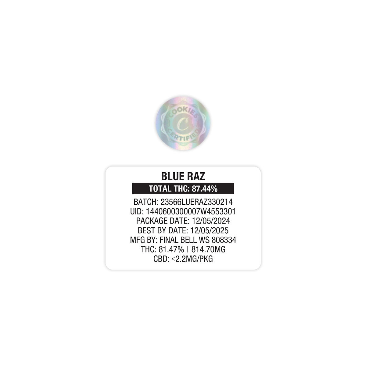 Blue Raz by Cookies 1g Empty Vape Cart Packaging Mylar Bag with Custom Stickers