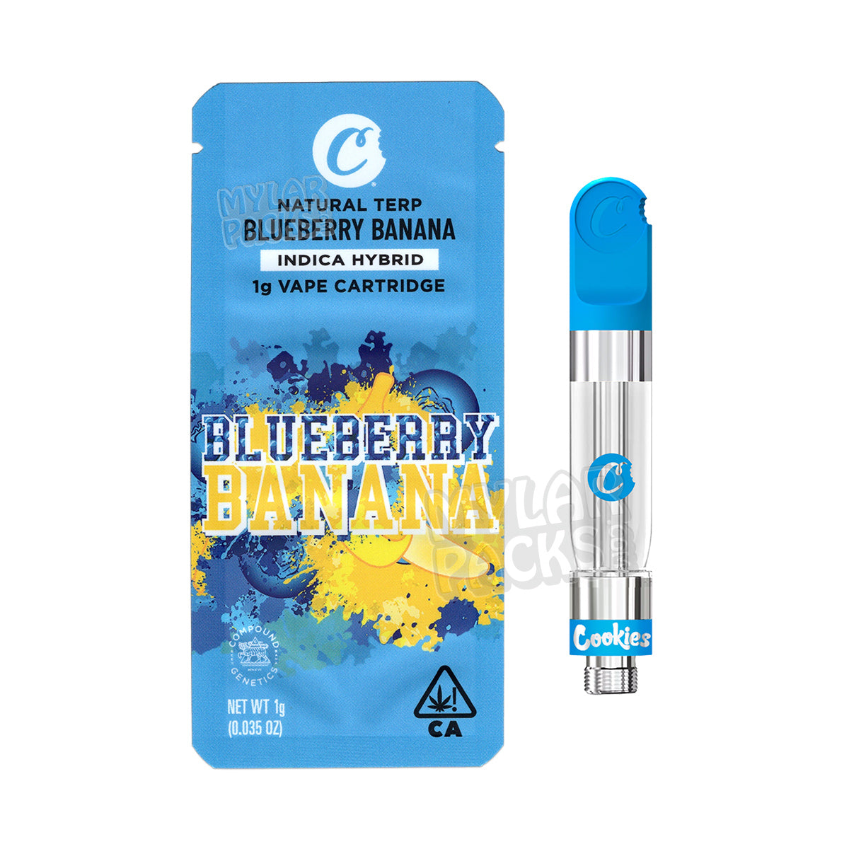 Blueberry Banana de Cookies - Cartucho de vapeo vacío de 1 g, bolsa de Mylar con pegatinas personalizadas