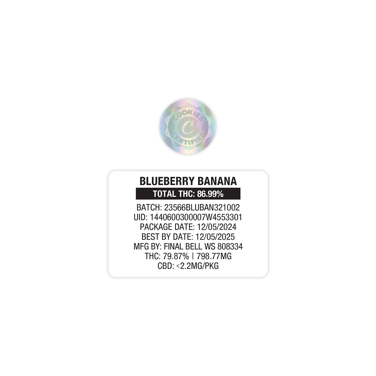 Blueberry Banana de Cookies - Cartucho de vapeo vacío de 1 g, bolsa de Mylar con pegatinas personalizadas