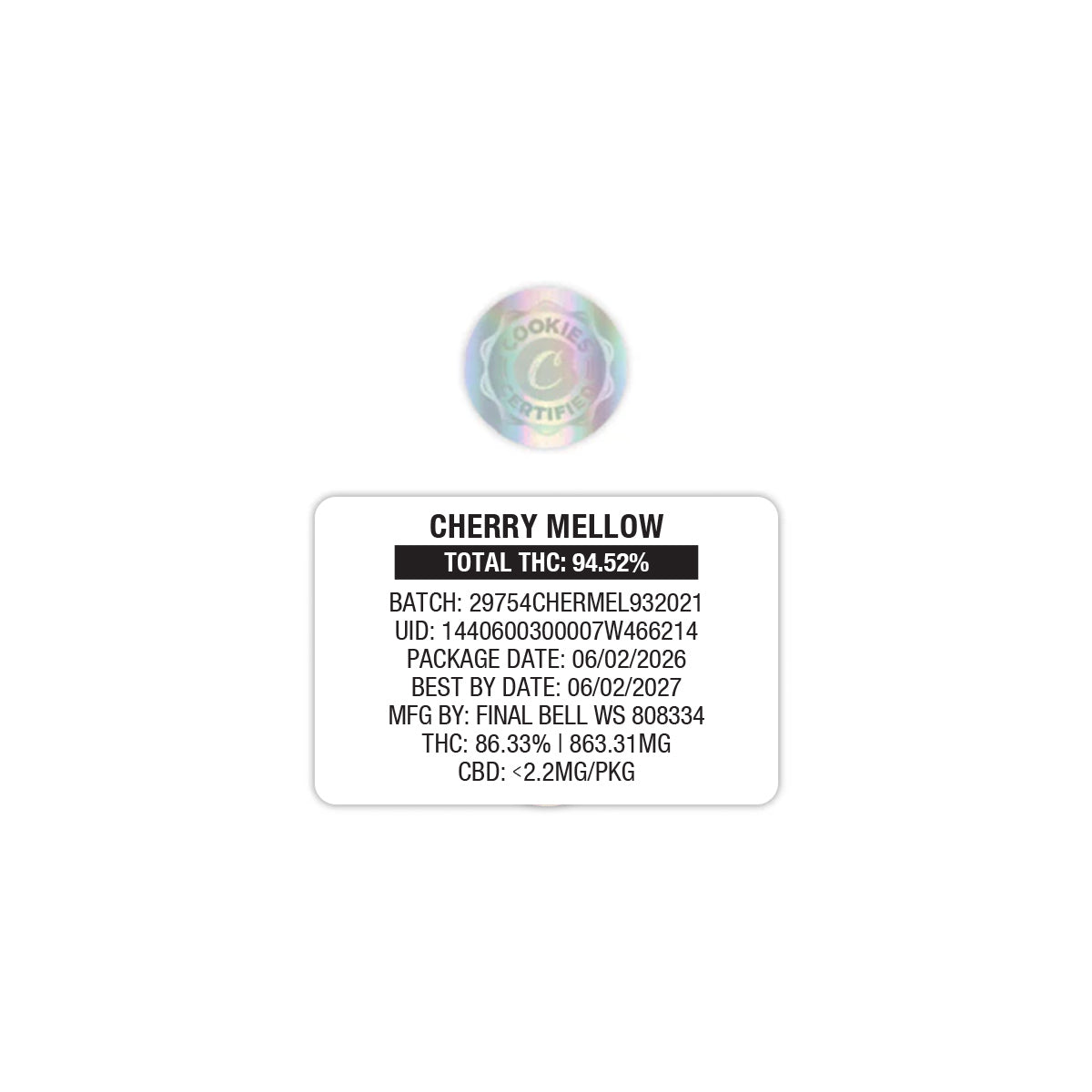 Cherry Mellow by Cookies 1g Empty Vape Cart Packaging Mylar Bag with Custom Stickers