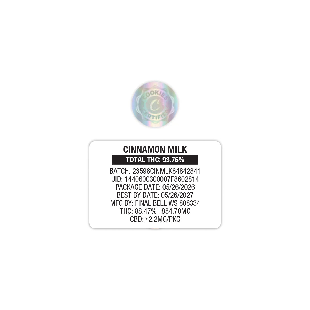 Cinnamon Milk by Cookies 1g Empty Vape Cart Packaging Mylar Bag with Custom Stickers