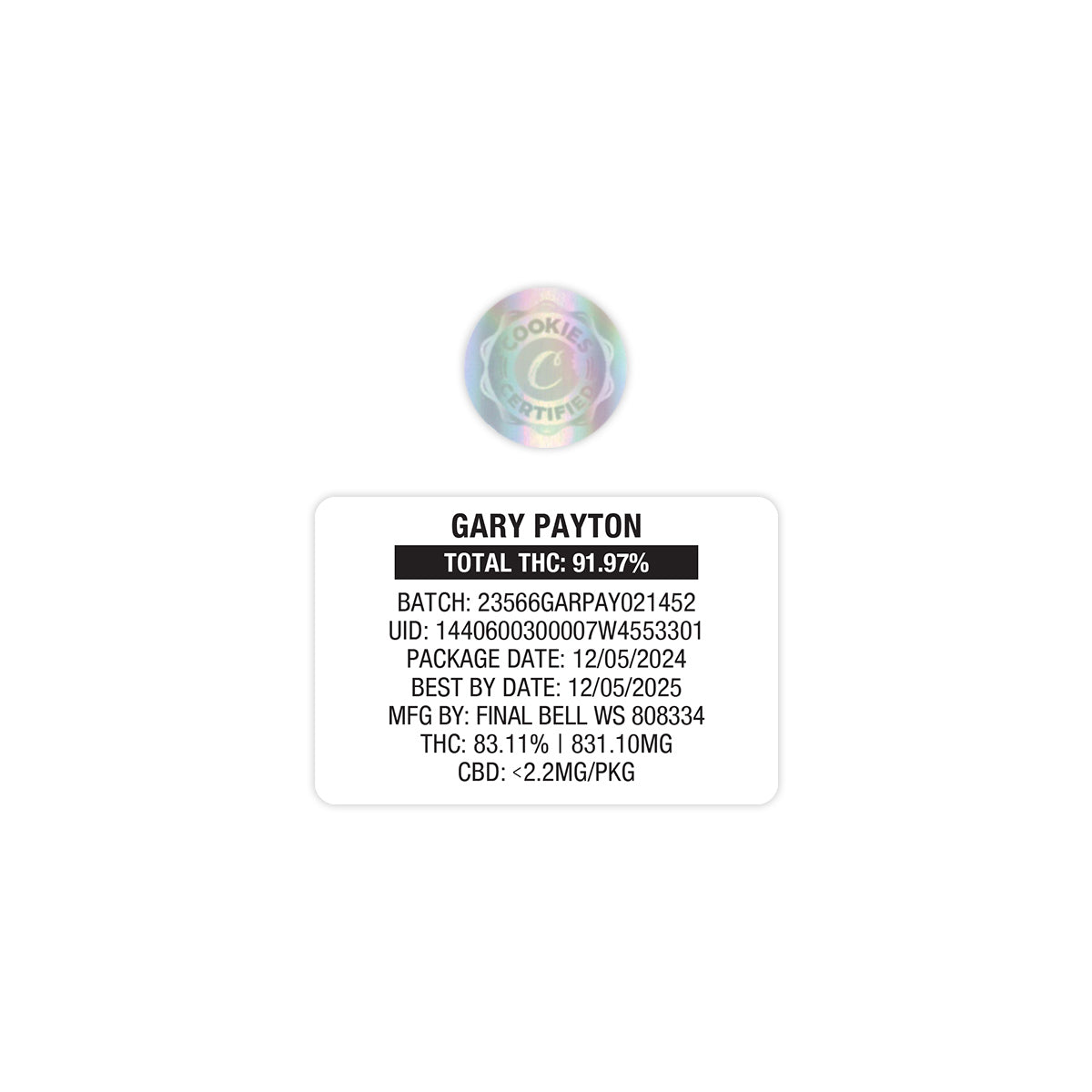 Bolsa de Mylar con pegatinas personalizadas para cartuchos de vapeo vacíos de 1 g de Gary Payton by Cookies
