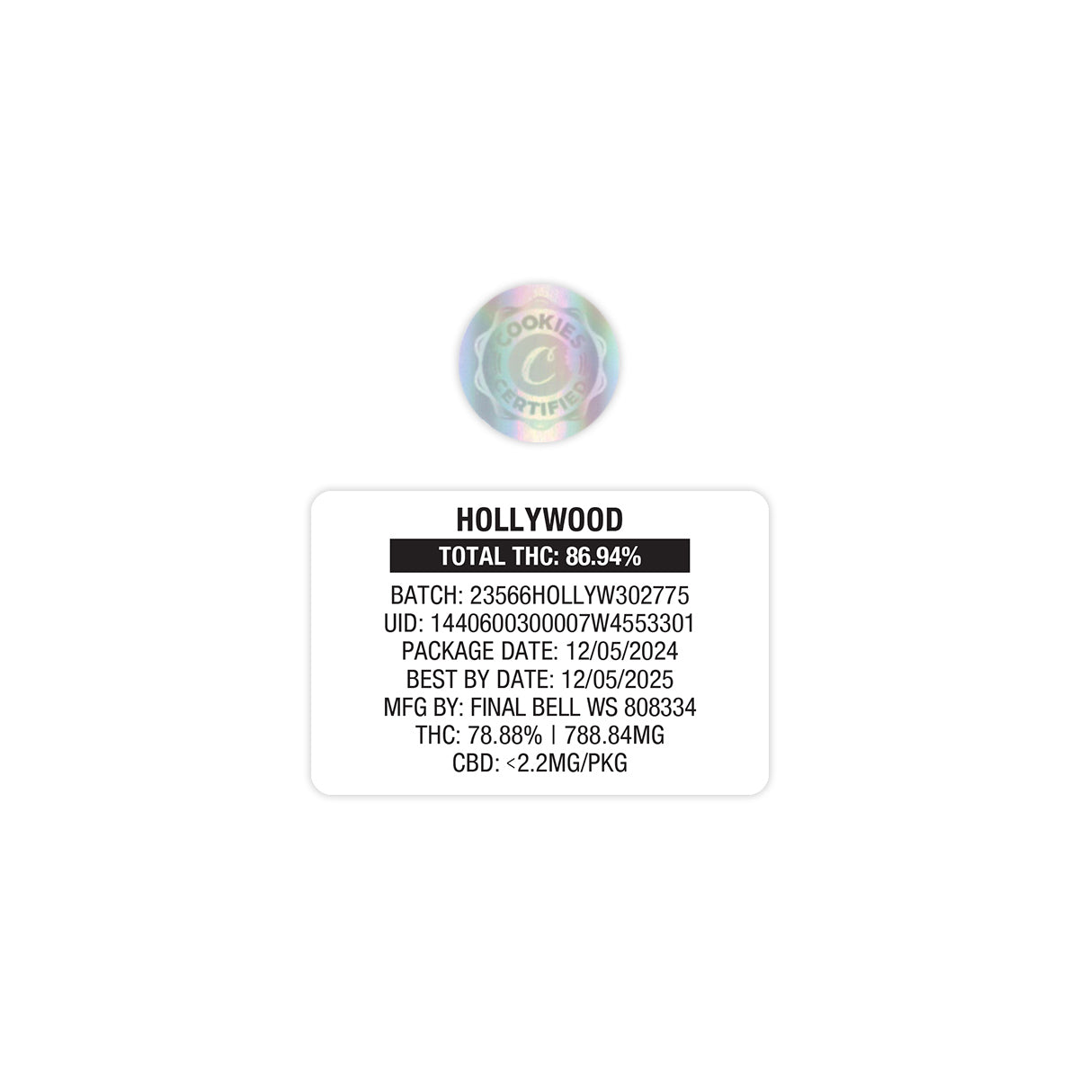 Bolsa de Mylar con pegatinas personalizadas para cartuchos de vapeo vacíos Hollywood by Cookies de 1 g
