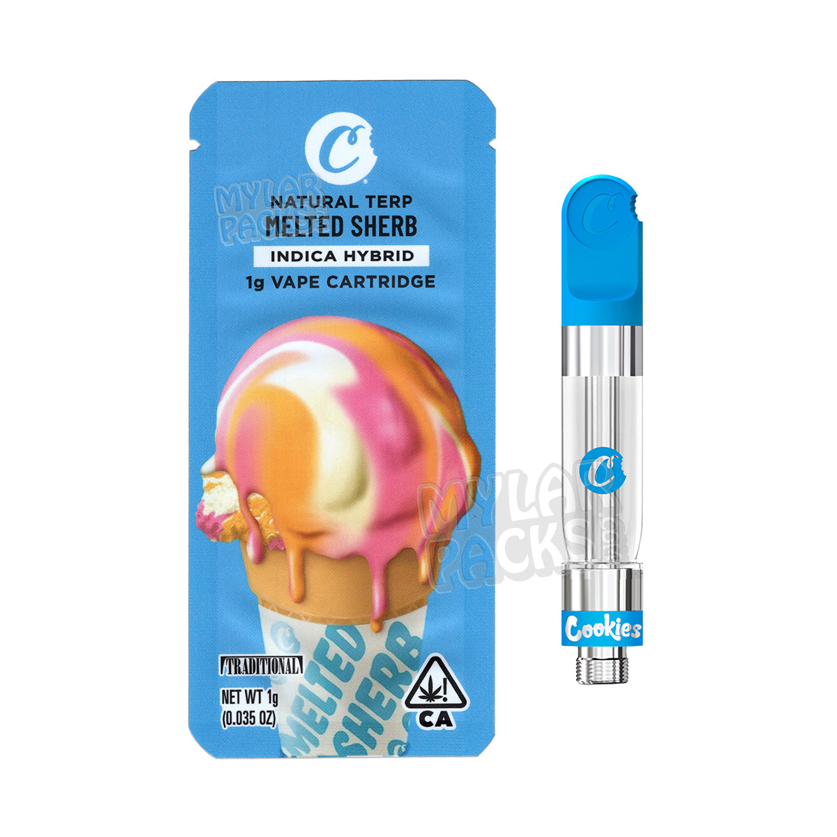 Bolsa de Mylar con pegatinas personalizadas para cartuchos de vapeo vacíos Melted Sherb de Cookies (1 g)