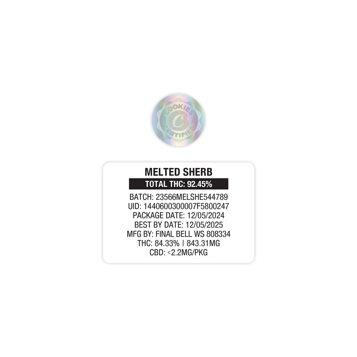 Bolsa de Mylar con pegatinas personalizadas para cartuchos de vapeo vacíos Melted Sherb de Cookies (1 g)