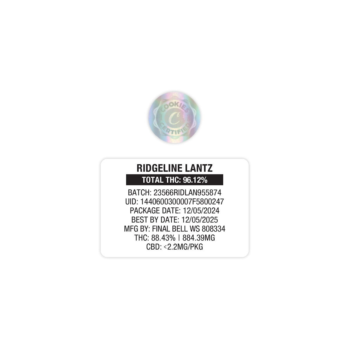 Ridgeline Lantz de Cookies - Cartucho de vapeo vacío de 1 g, bolsa de Mylar con pegatinas personalizadas