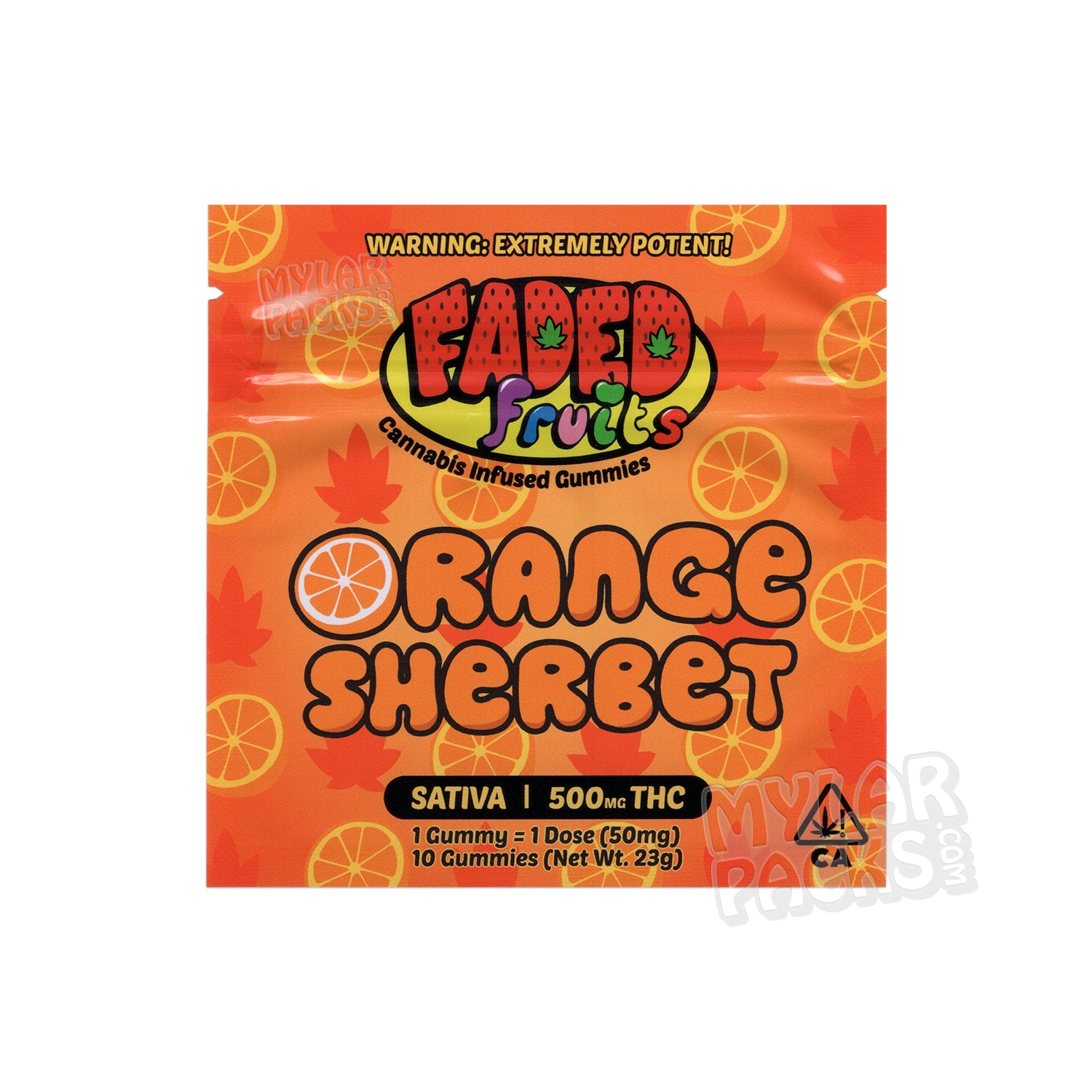 Sorbete de naranja Faded Fruits de 500 mg, bolsa de mylar vacía, comestible, empaque de dulces