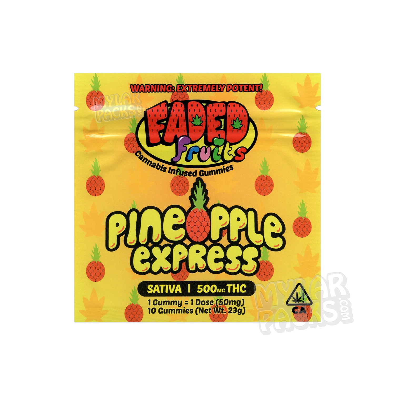 Bolsa de Mylar vacía de Faded Fruits Pineapple Express de 500 mg, empaque para dulces comestibles