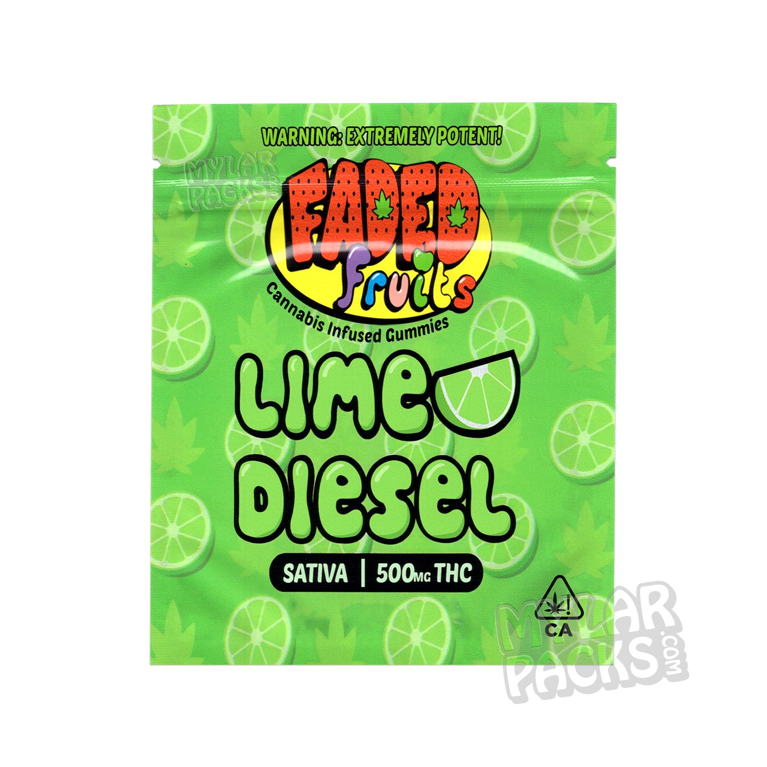 Gomitas vacías Faded Fruits Lime Diesel 500 mg, bolsa de mylar, empaque comestible