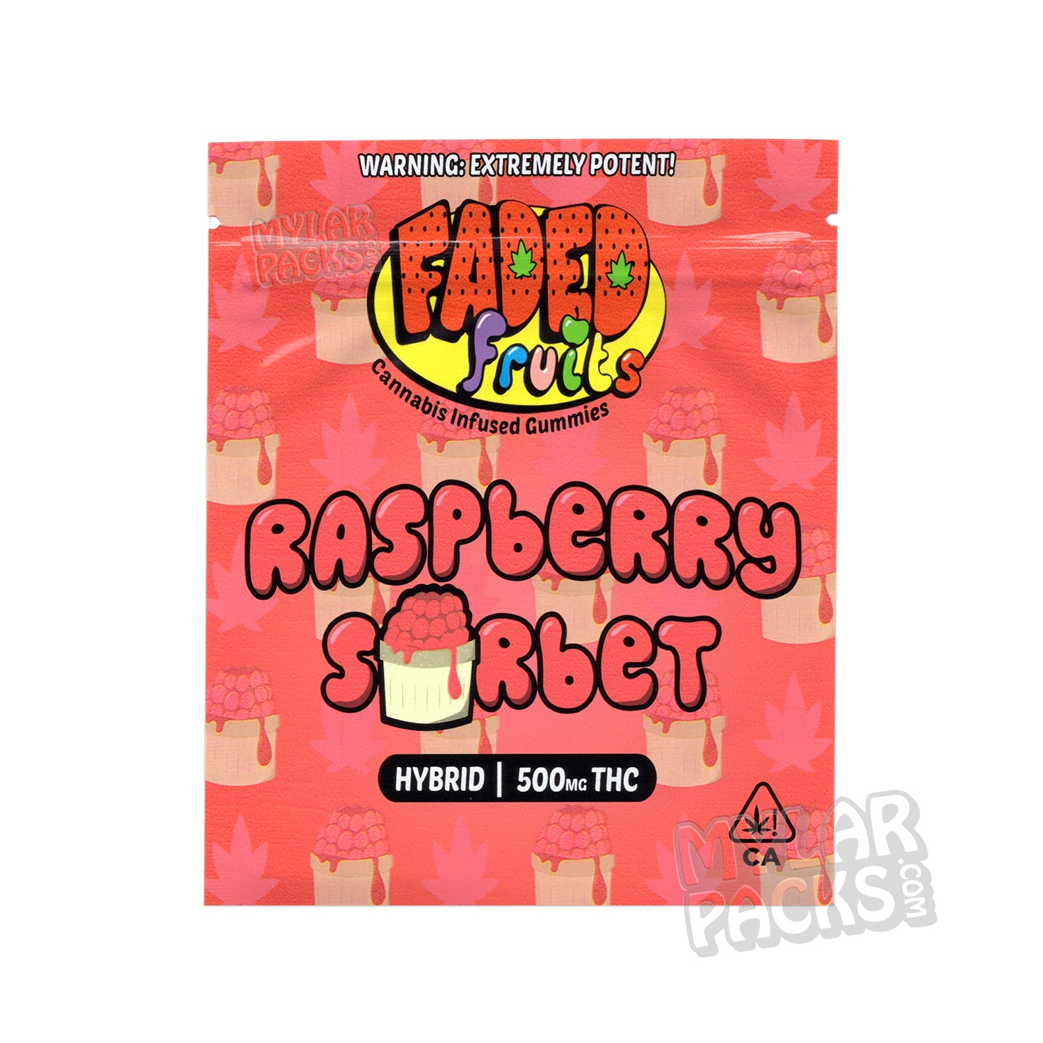 Sorbete de frambuesa Faded Fruits de 500 mg, gomitas vacías, bolsa de mylar, envase comestible