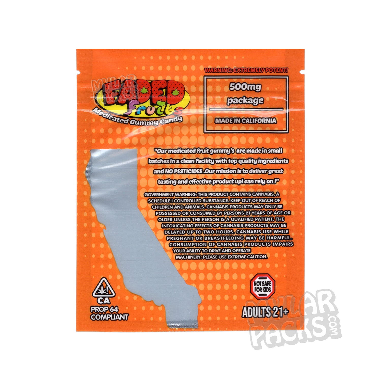 Sorbete de naranja Faded Fruits de 500 mg, bolsa de mylar vacía, comestible, empaque de dulces