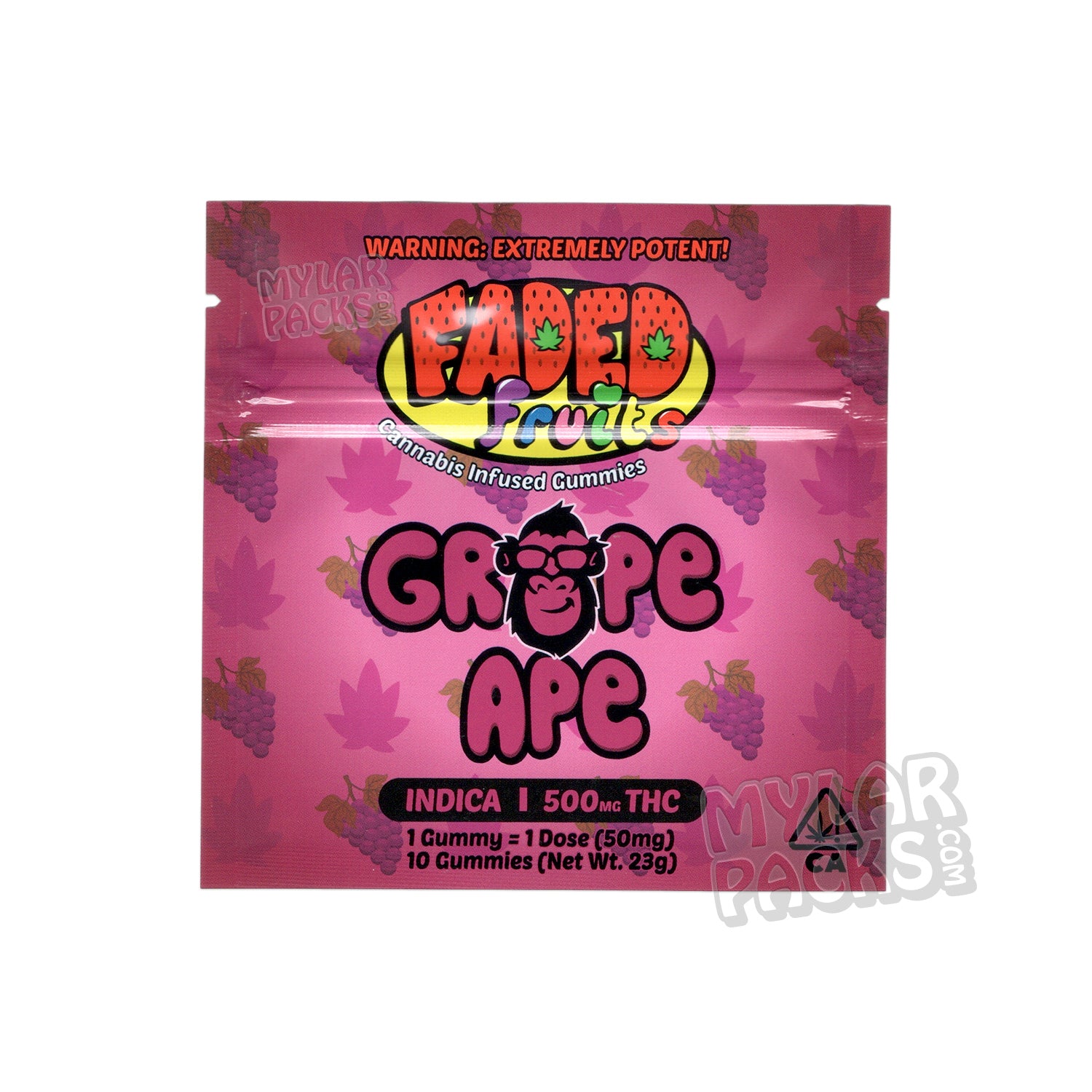 Bolsa de Mylar vacía de Faded Fruits Grape Ape de 500 mg, empaque para dulces comestibles