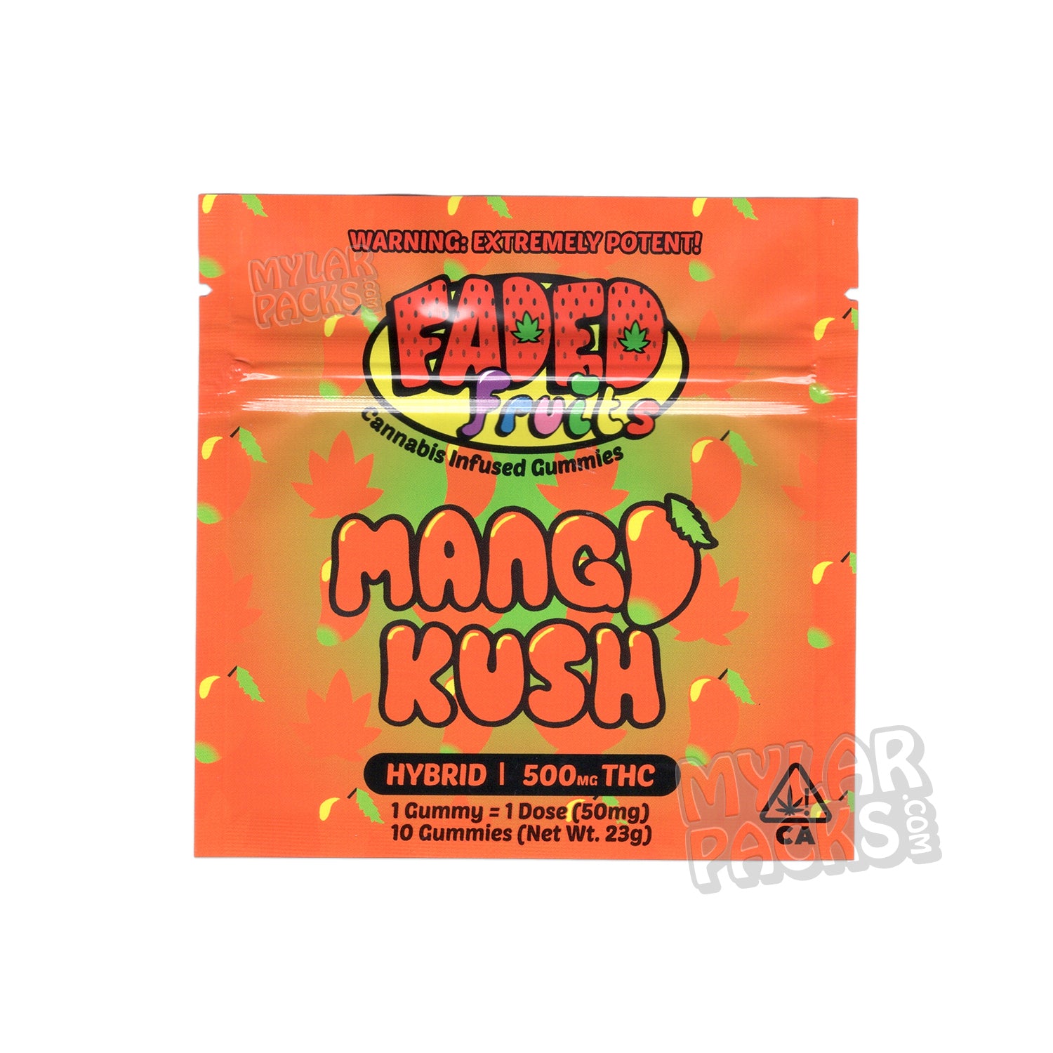 Faded Fruits Mango Kush 500 mg Bolsa de Mylar vacía Envase de caramelos comestibles