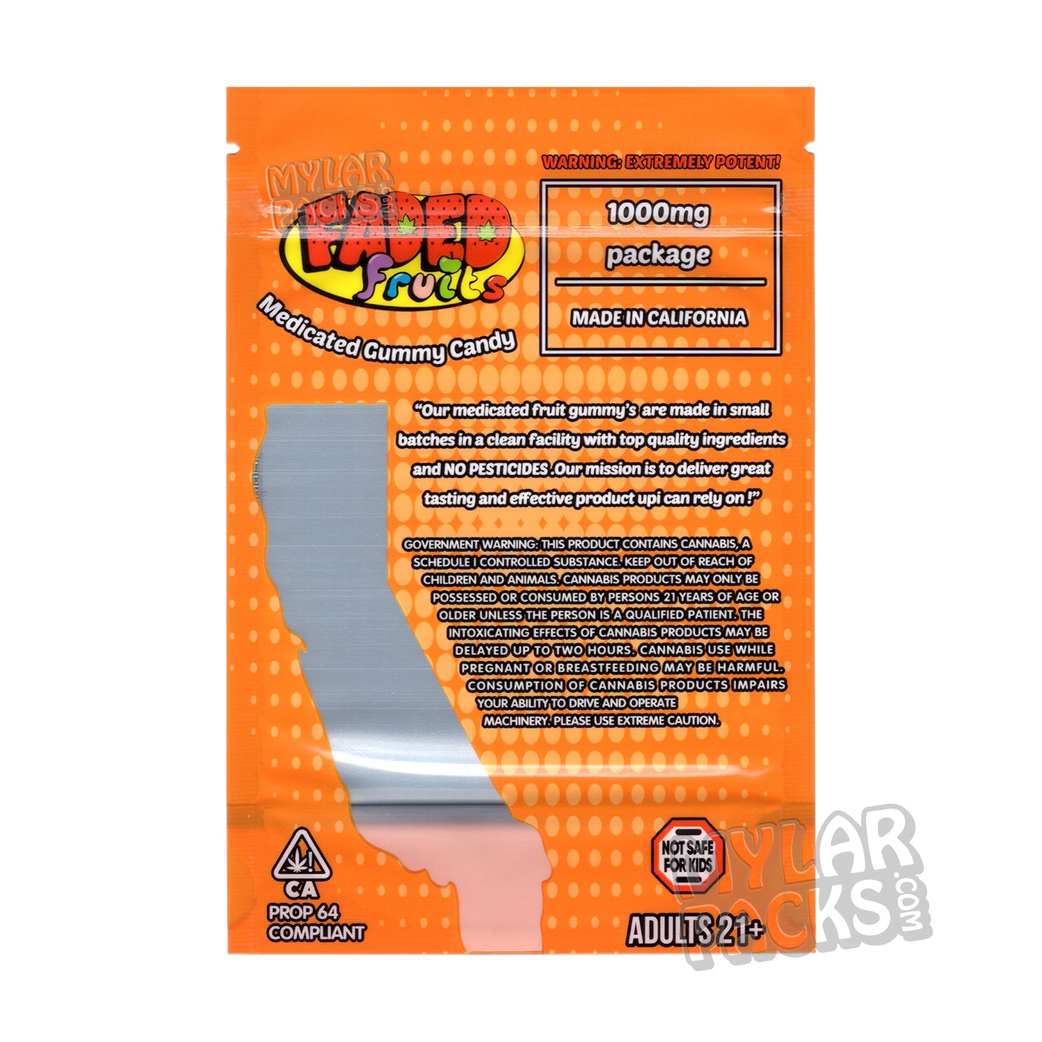 Sorbete de naranja Faded Fruits de 1000 mg, bolsa de mylar vacía, comestible, empaque de dulces