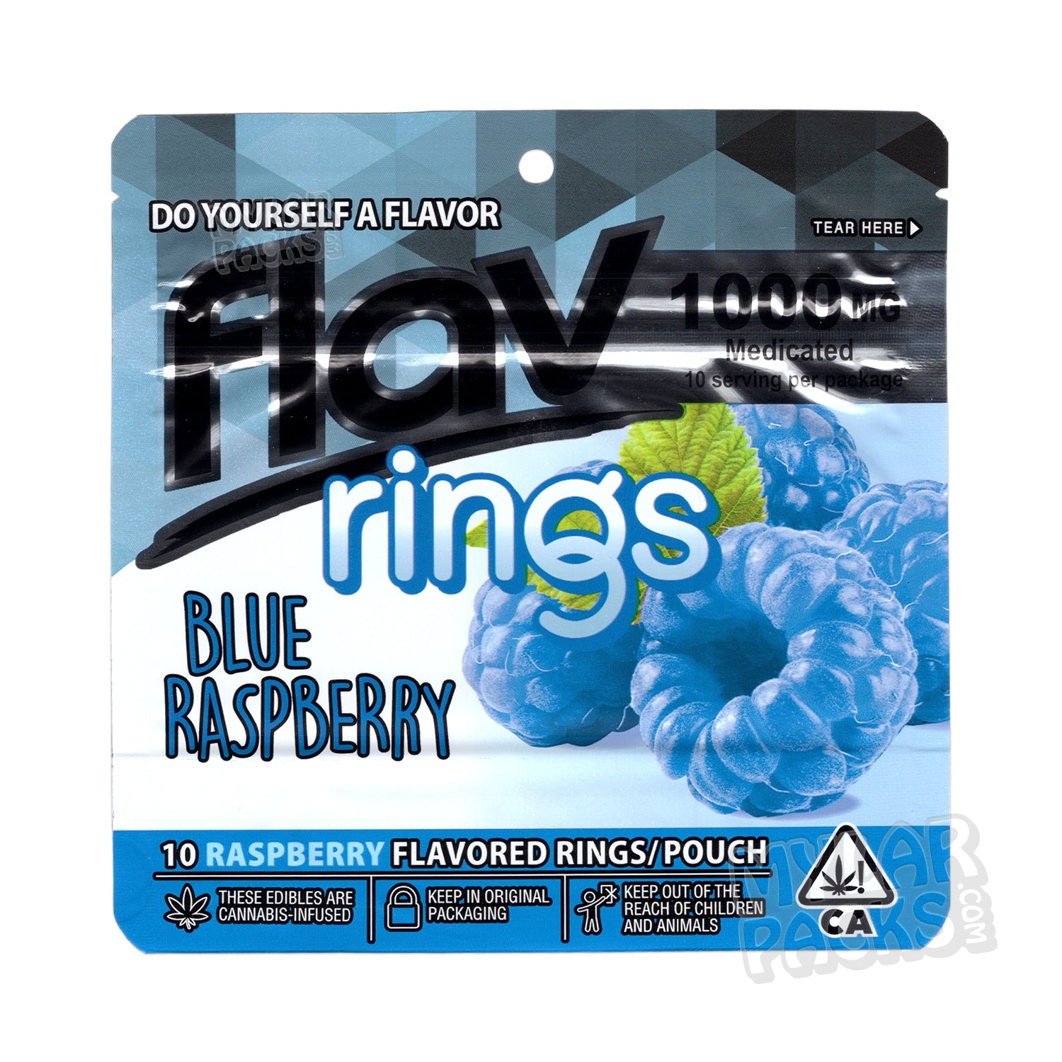 Gomitas Flav Blue Raspberry Rings de 1000 mg, bolsa de Mylar vacía, empaque comestible