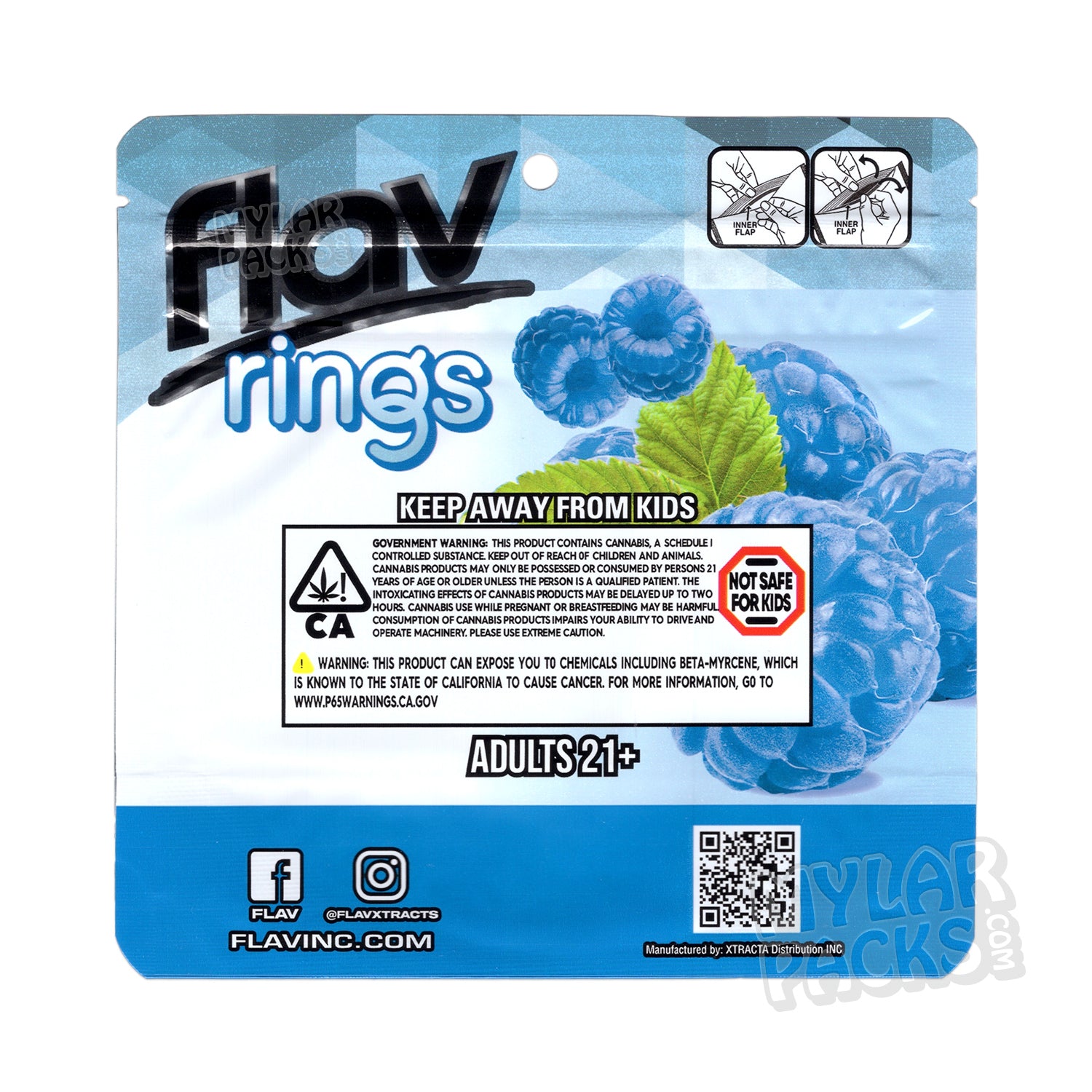 Gomitas Flav Blue Raspberry Rings de 1000 mg, bolsa de Mylar vacía, empaque comestible