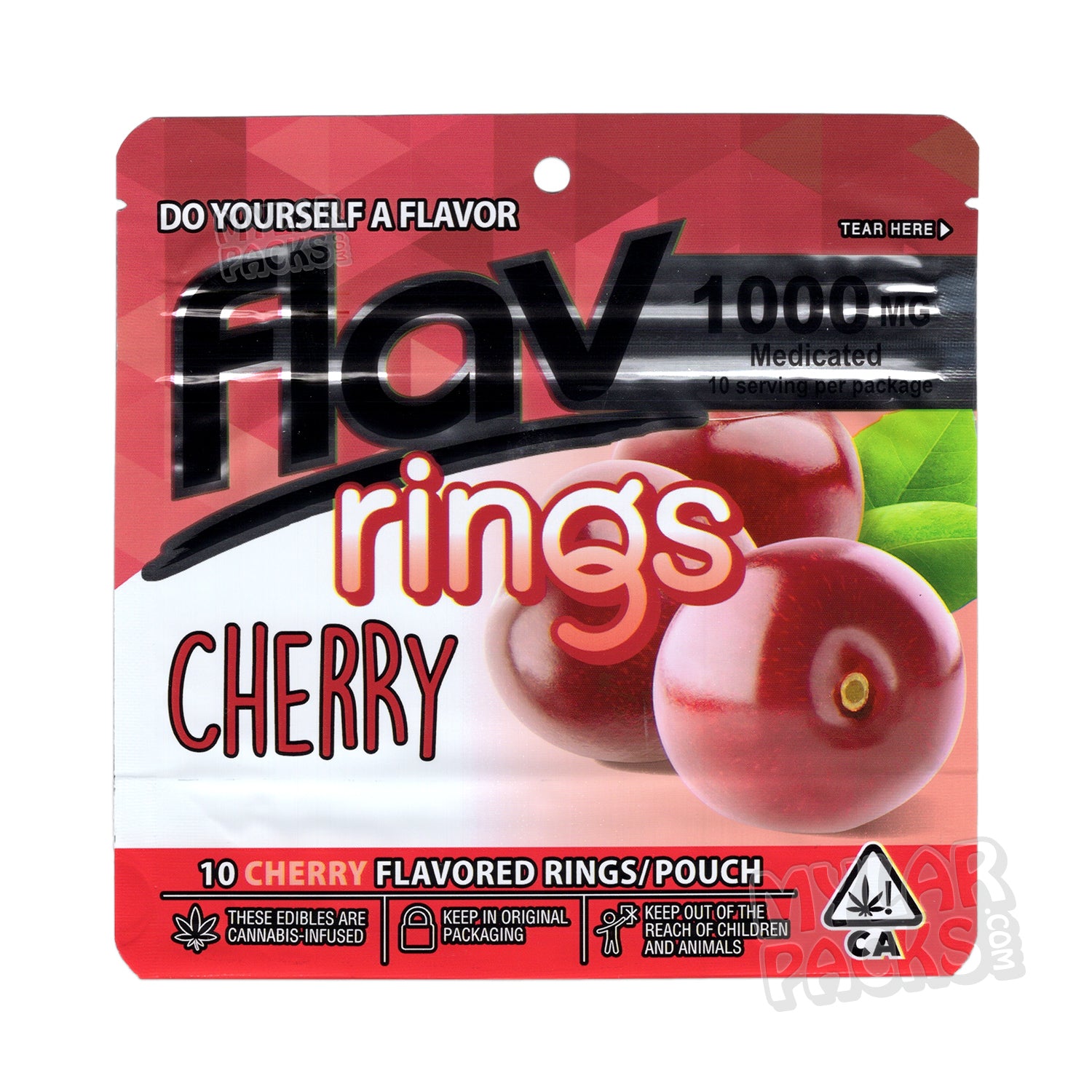 Gomitas Flav Cherry Rings de 1000 mg, bolsa de Mylar vacía, empaque comestible
