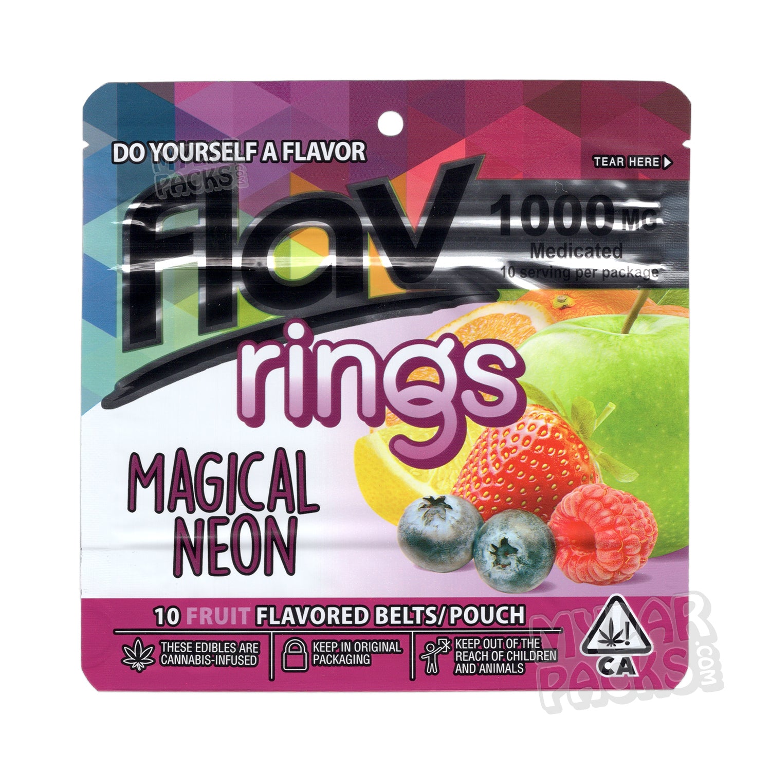 Gomitas Flav Magical Neon Rings de 1000 mg, bolsas de Mylar vacías, empaque comestible
