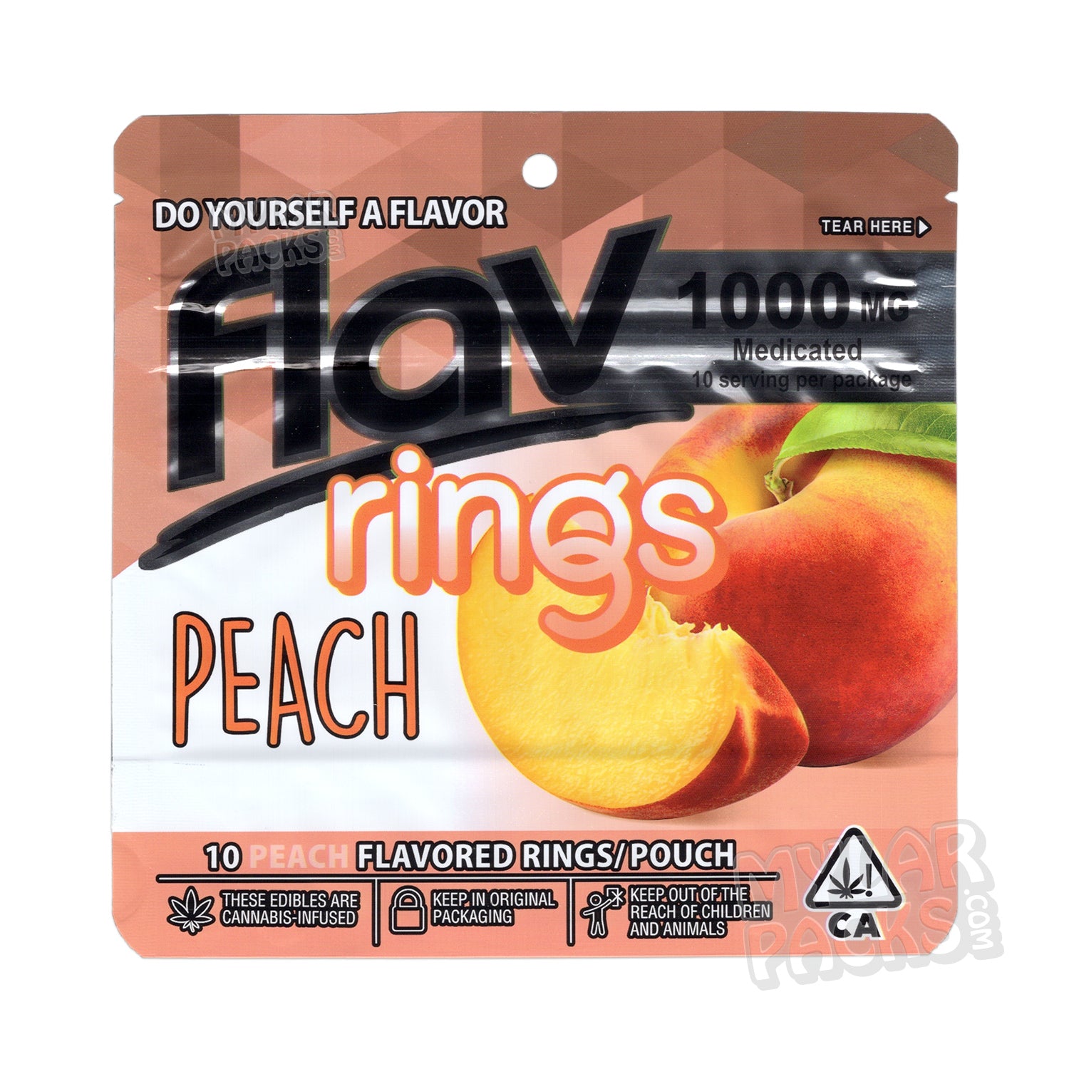 Gomitas Flav Peach Rings de 1000 mg, bolsa de Mylar vacía, empaque comestible