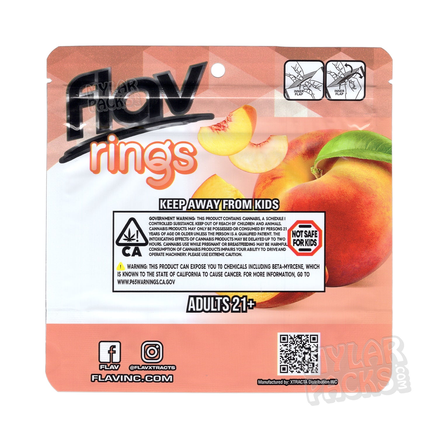Gomitas Flav Peach Rings de 1000 mg, bolsa de Mylar vacía, empaque comestible