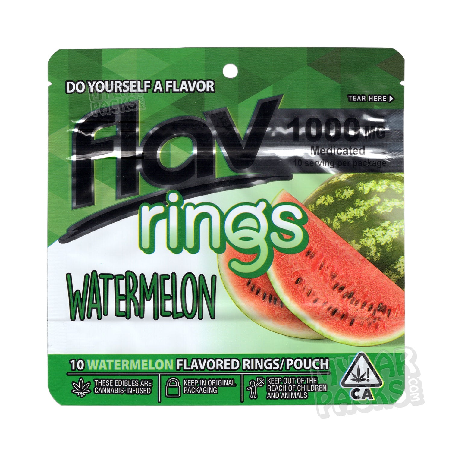 Gomitas Flav Sandía Rings de 1000 mg, bolsa de Mylar vacía, empaque comestible
