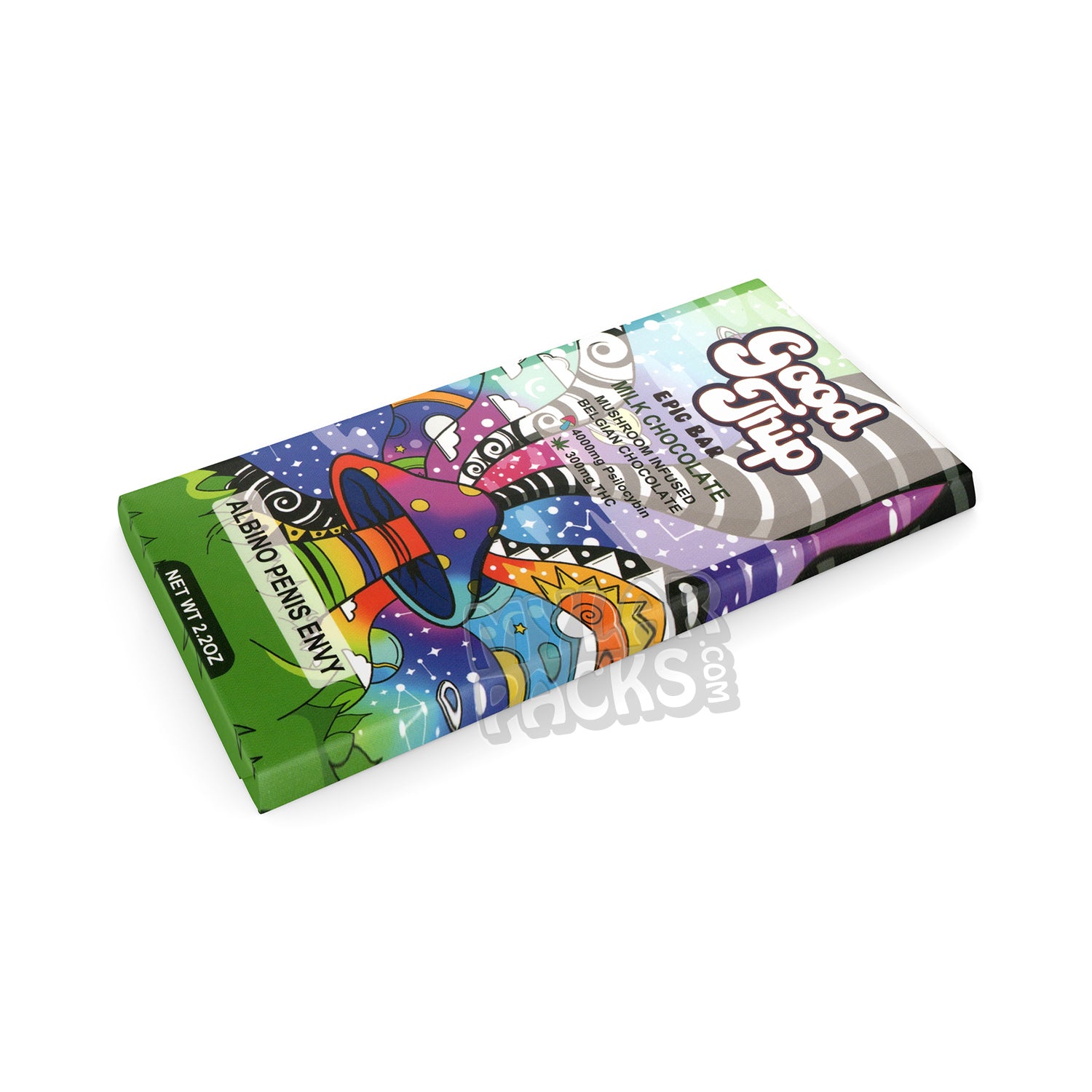 Caja vacía de hongos mágicos con chocolate con leche y barra épica de Good Trip