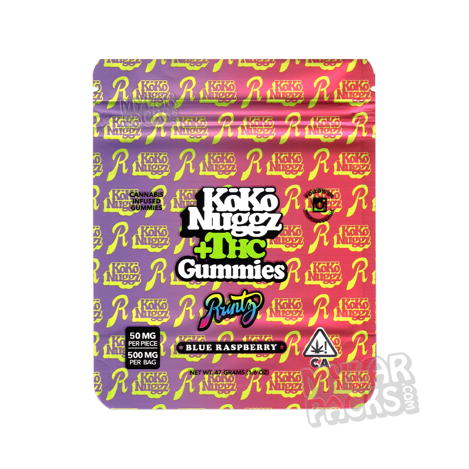 Gomitas Koko Nuggz +THC de frambuesa azul de 500 mg, bolsas de Mylar vacías, gomitas comestibles, empaques para dulces