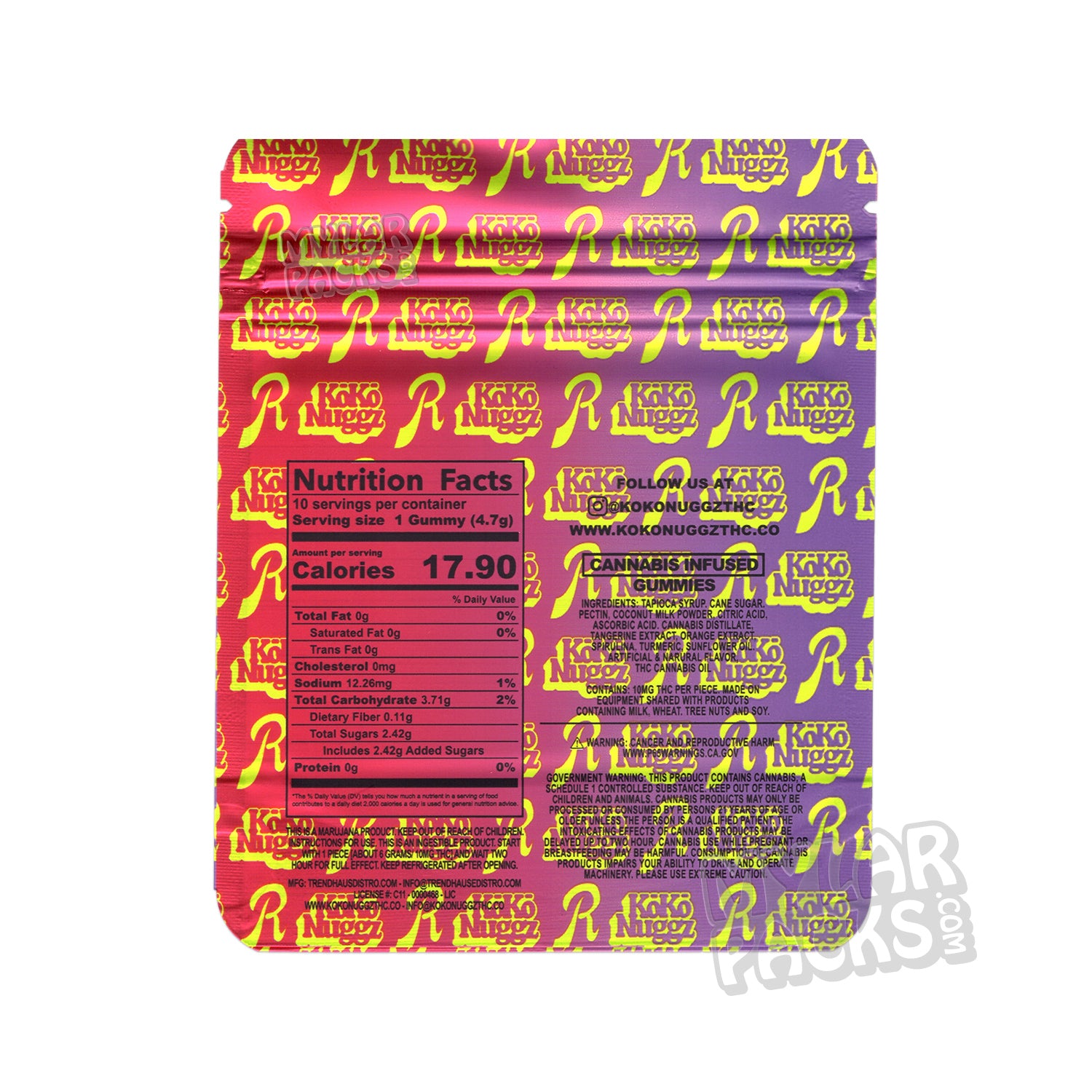 Gomitas Koko Nuggz +THC de frambuesa azul de 500 mg, bolsas de Mylar vacías, gomitas comestibles, empaques para dulces