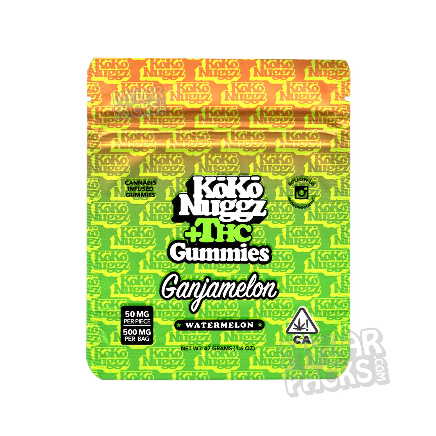 Gomitas Koko Nuggz +THC de sandía (500 mg) en bolsas de Mylar vacías, gomitas comestibles, empaques para dulces