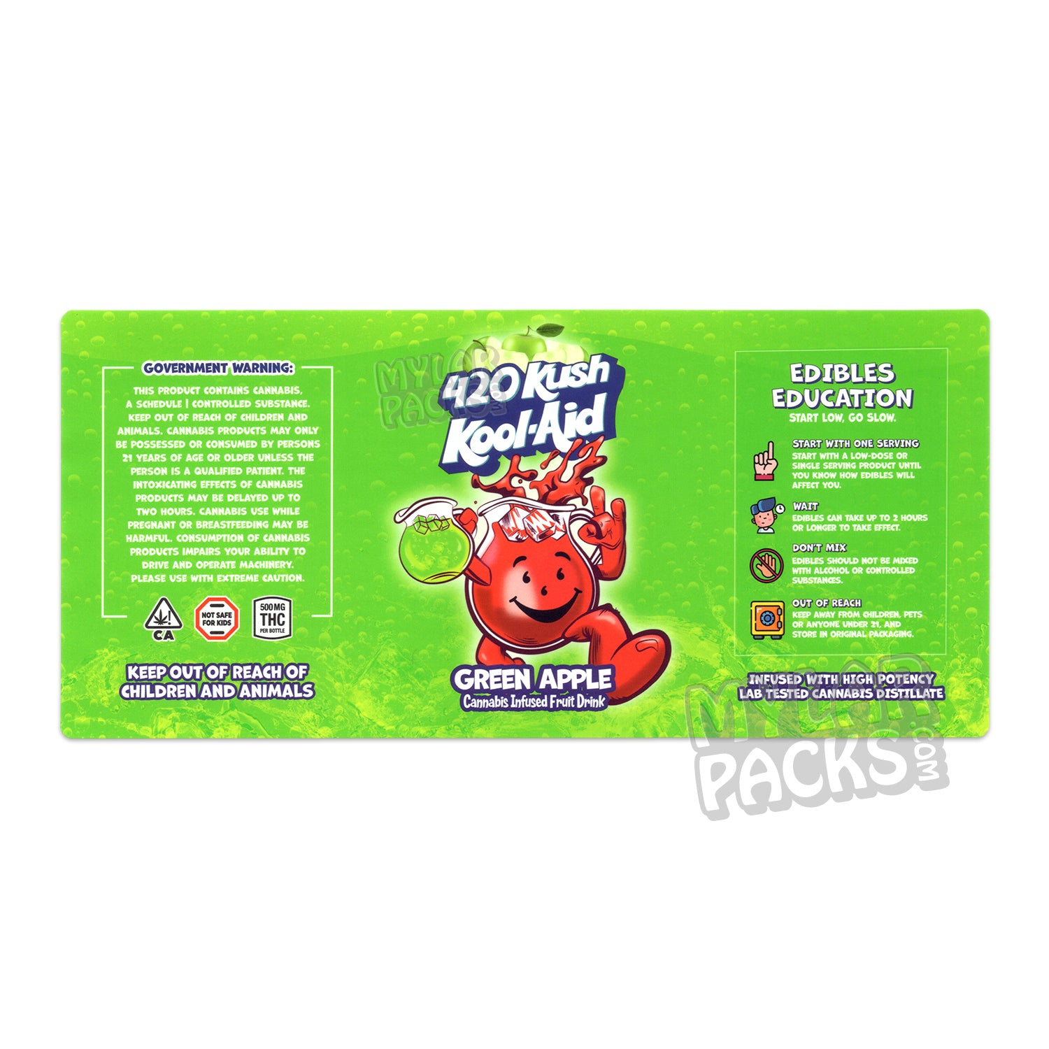 Etiqueta adhesiva envolvente para bebida infusionada con Kool-Aid 420 Kush de manzana verde (500 mg) (15,24 cm x 7,94 cm)