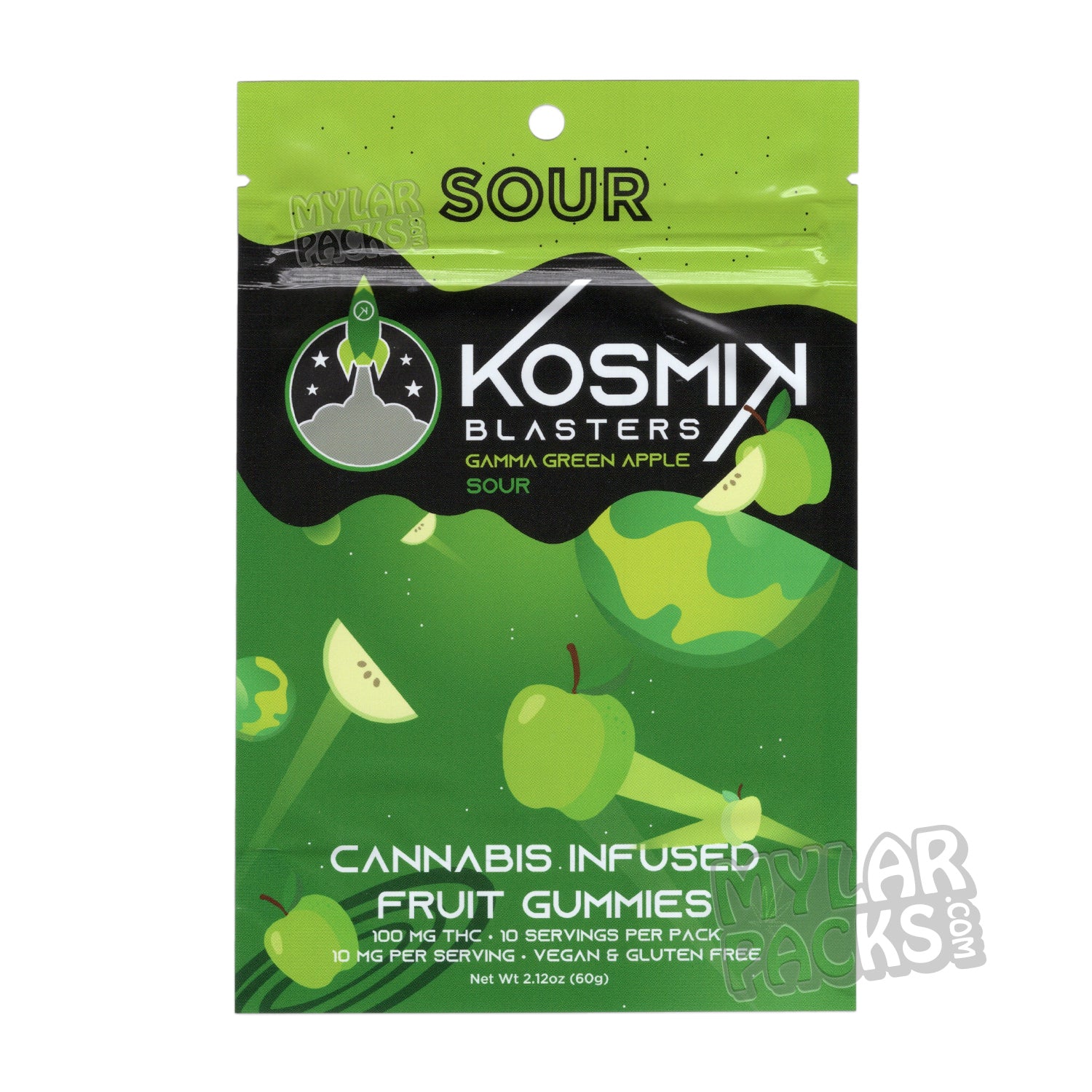 Kosmik Blasters Sour Green Apple 100mg Empty Mylar Bag Edibles Candy Packaging