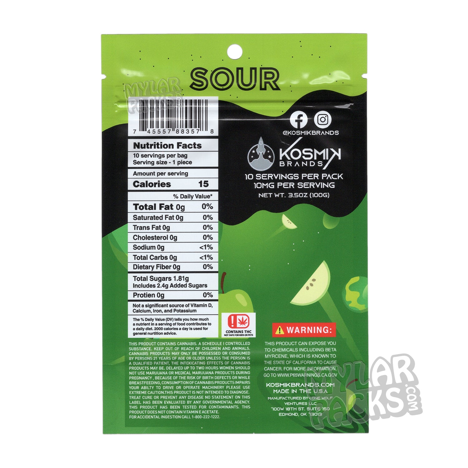 Kosmik Blasters Sour Green Apple 100mg Empty Mylar Bag Edibles Candy Packaging
