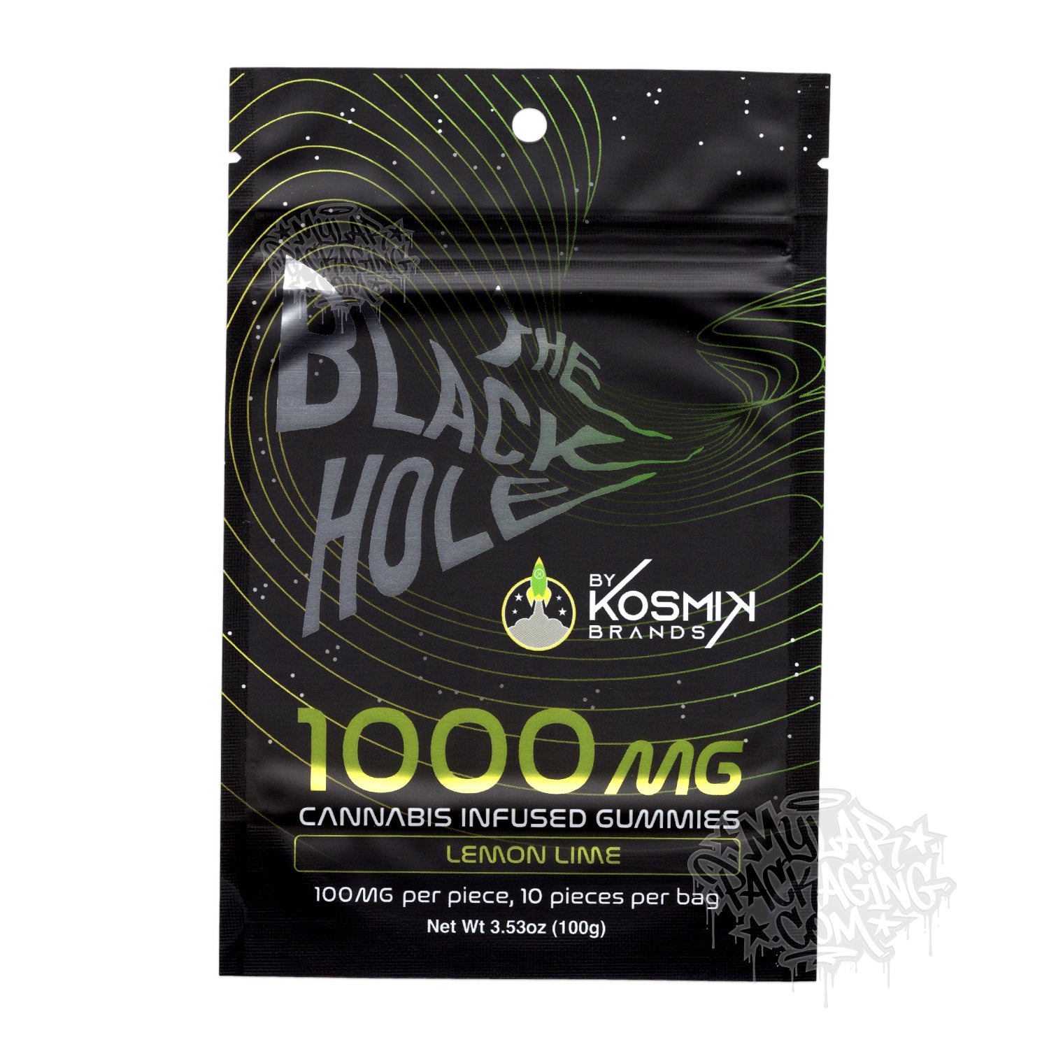 Bolsa de Mylar vacía Kosmik Black Hole Limón Lima 1000 mg, empaque para dulces comestibles