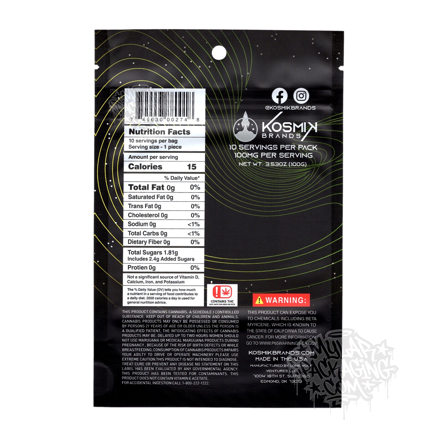 Bolsa de Mylar vacía Kosmik Black Hole Limón Lima 1000 mg, empaque para dulces comestibles