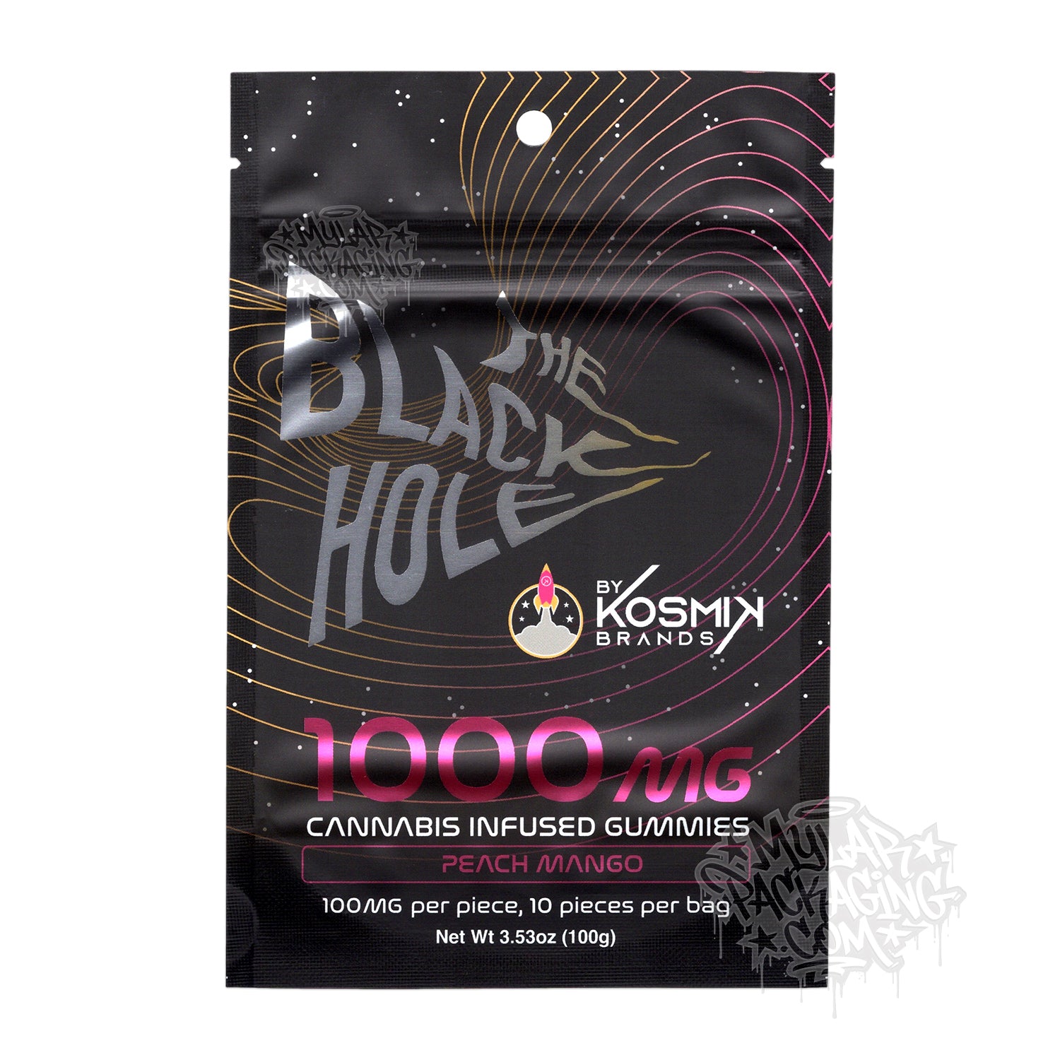 Bolsa de Mylar vacía Kosmik Black Hole Peach Mango 1000 mg, empaque para dulces comestibles
