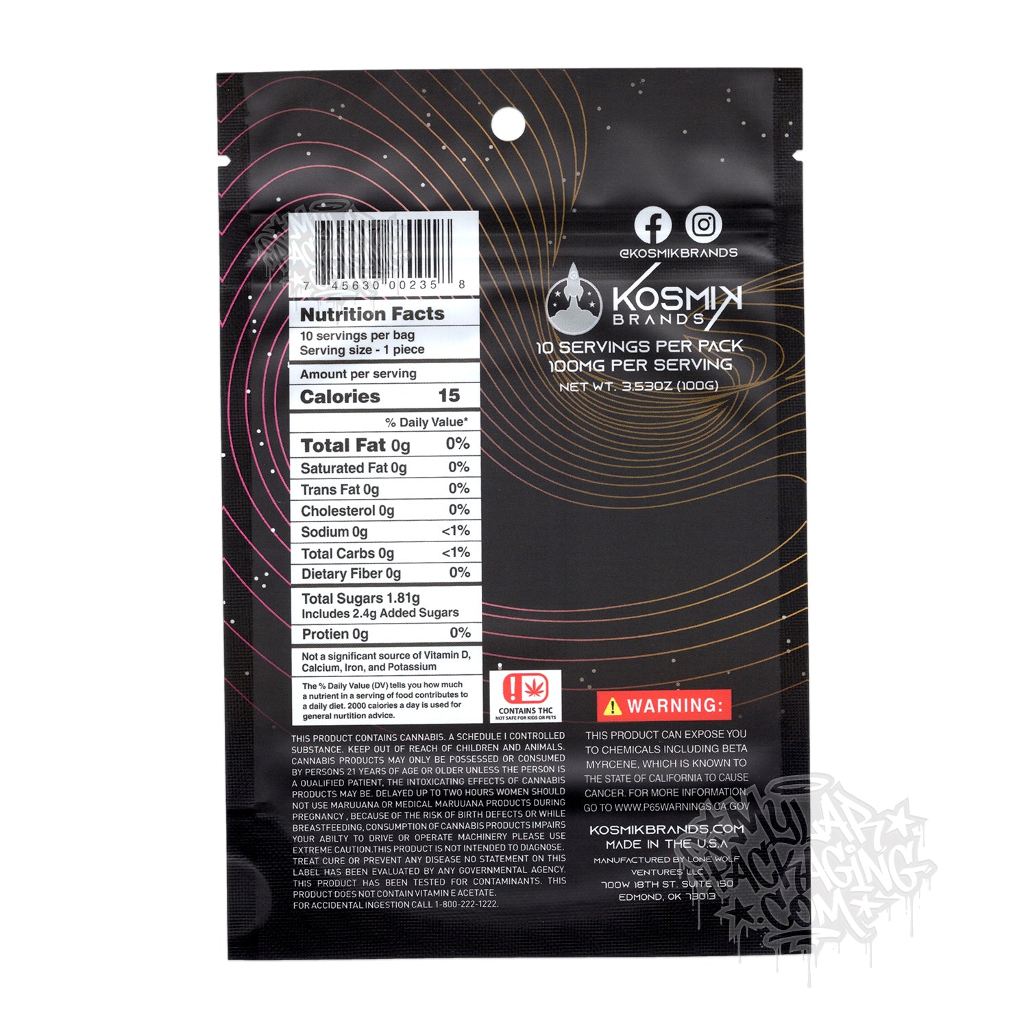 Bolsa de Mylar vacía Kosmik Black Hole Peach Mango 1000 mg, empaque para dulces comestibles