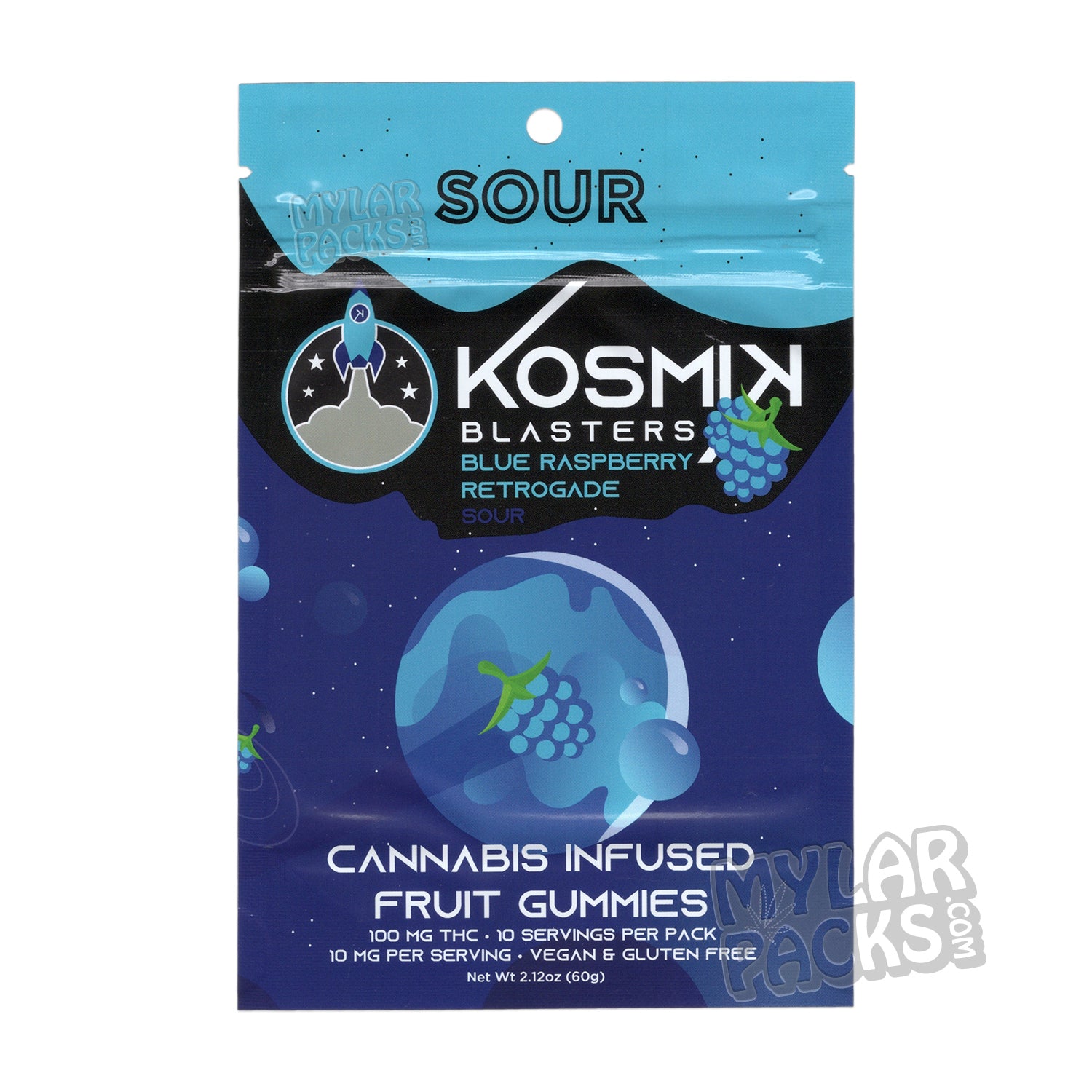 Bolsa de Mylar vacía Kosmik Blasters Sour Blue Raspberry de 100 mg, empaque para dulces comestibles