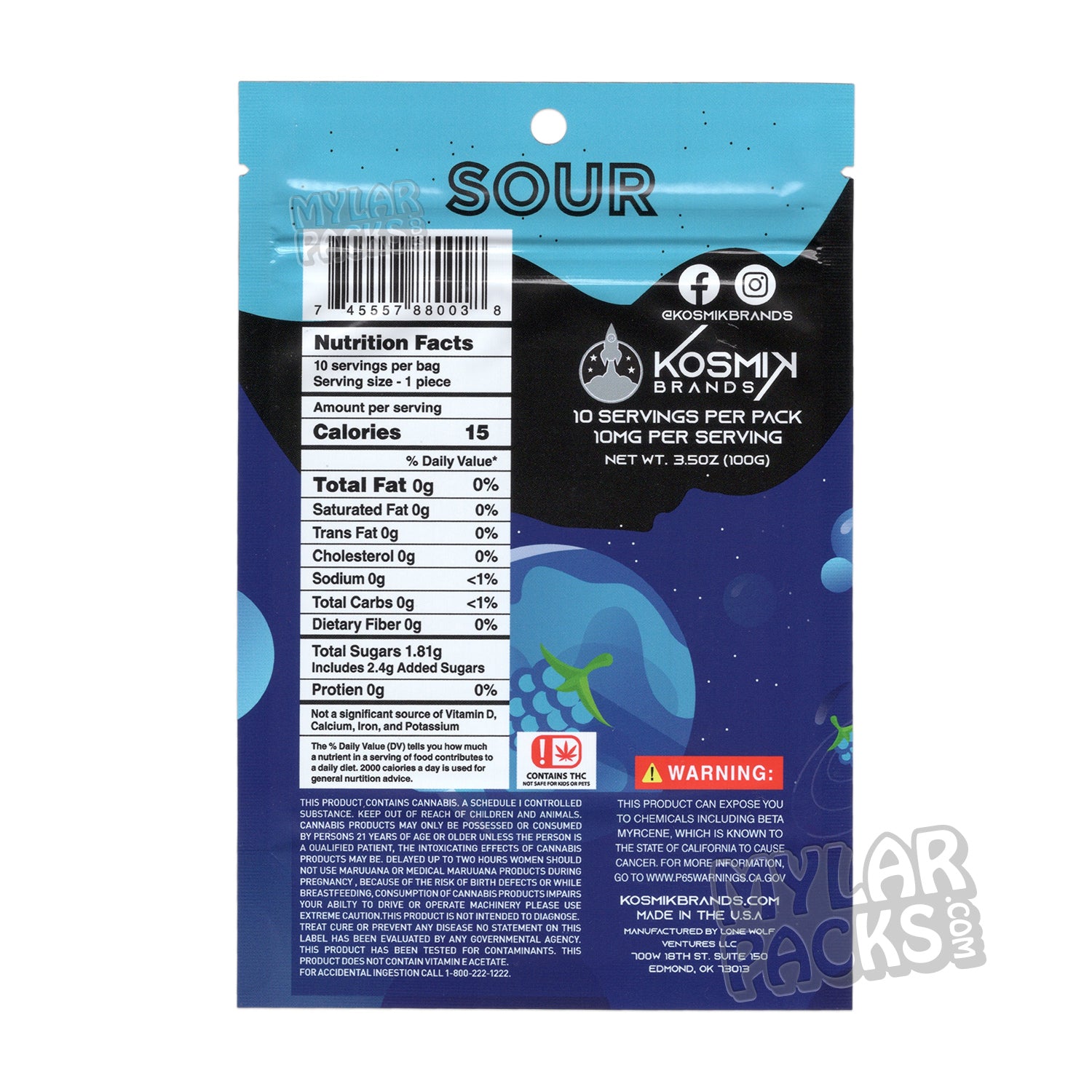 Bolsa de Mylar vacía Kosmik Blasters Sour Blue Raspberry de 100 mg, empaque para dulces comestibles