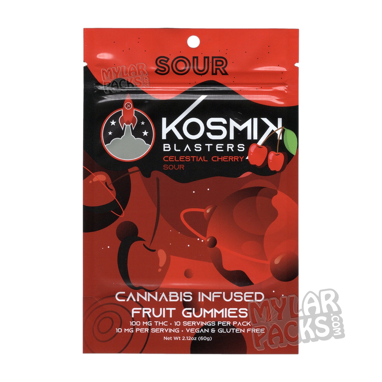 Bolsa de Mylar vacía Kosmik Blasters Sour Celestial Cherry de 100 mg, empaque para dulces comestibles
