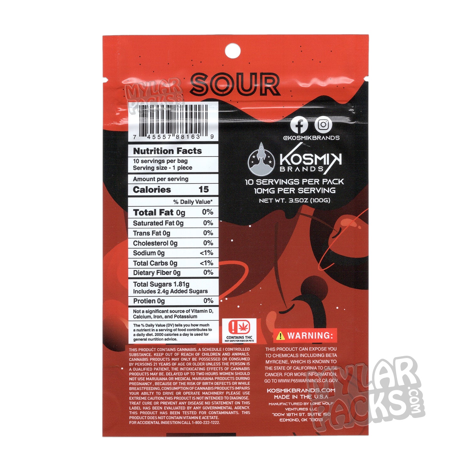 Bolsa de Mylar vacía Kosmik Blasters Sour Celestial Cherry de 100 mg, empaque para dulces comestibles