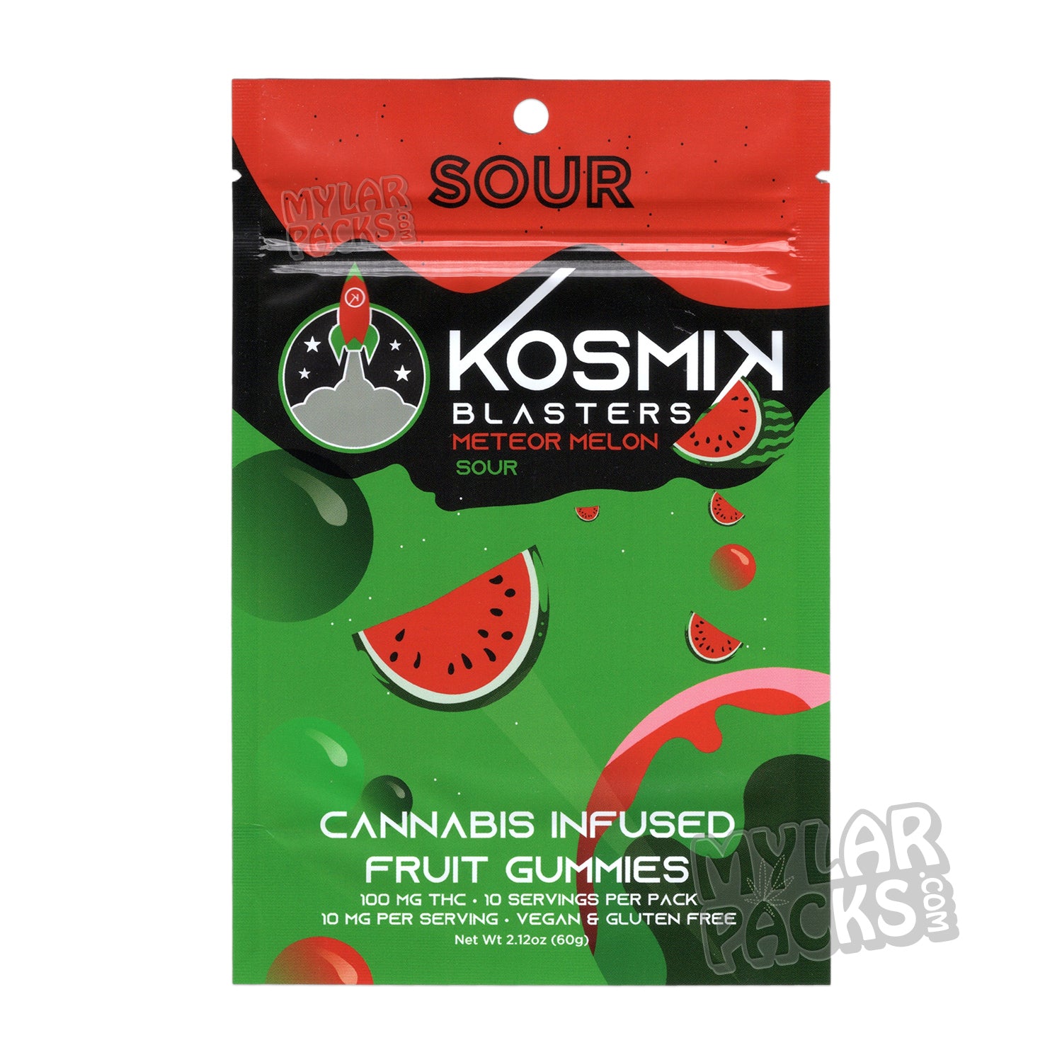 Bolsa de Mylar vacía Kosmik Blasters Sour Meteor Melon de 100 mg, comestible, para dulces